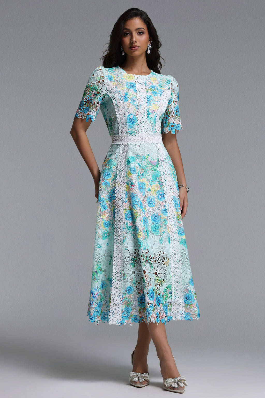 Pillose Resort Cinched Round Neck Short Sleeve Floral Print Lace Green Maxi Dress	
