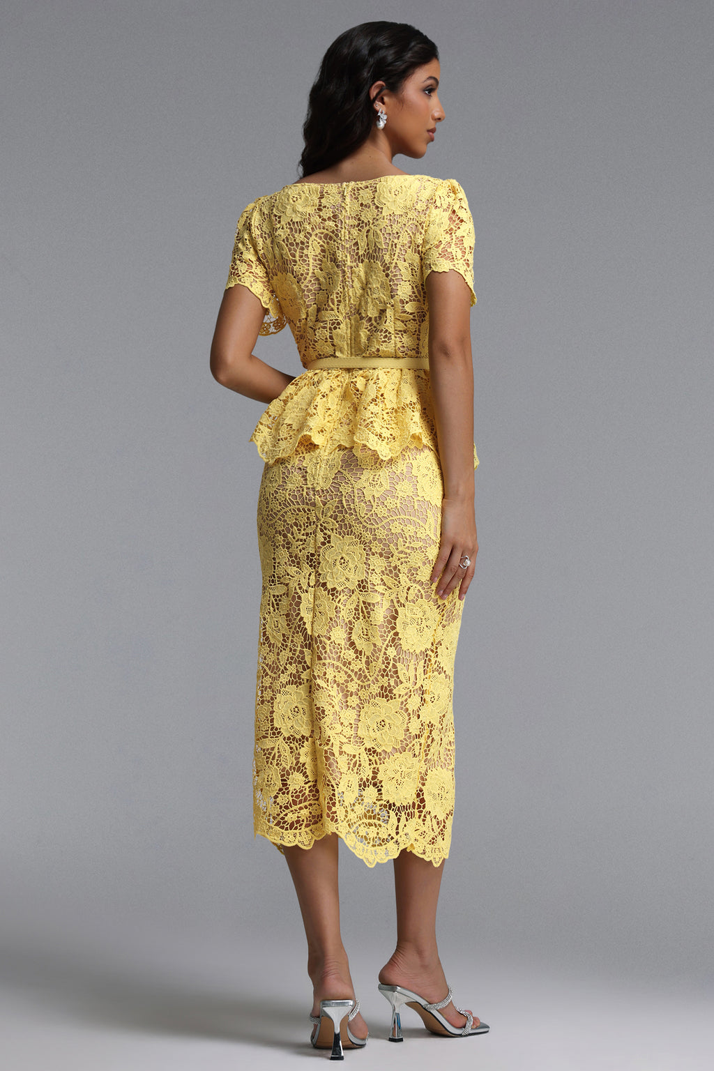 Quinn Elegant Cinched Short Sleeve Floral Lace Maxi Dress	