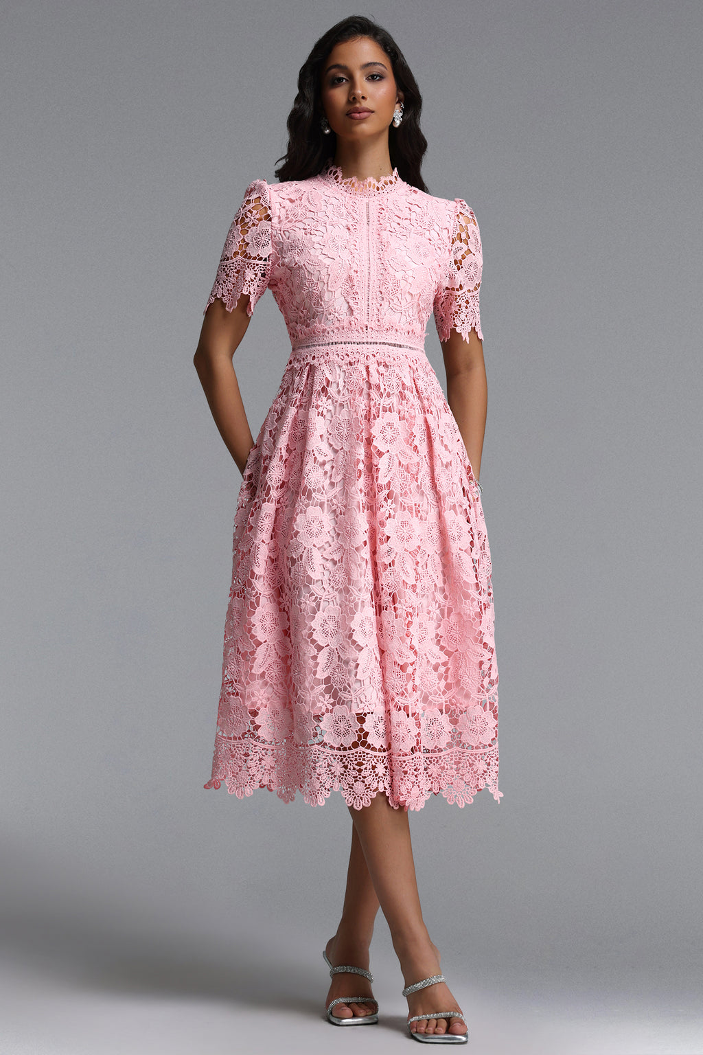 Valema Resort Flowy Short Sleeve Floral Lace Midi Dress	