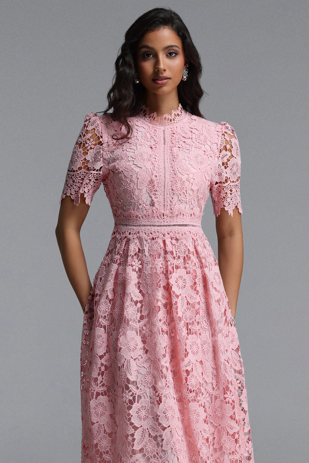 Valema Resort Flowy Short Sleeve Floral Lace Midi Dress	