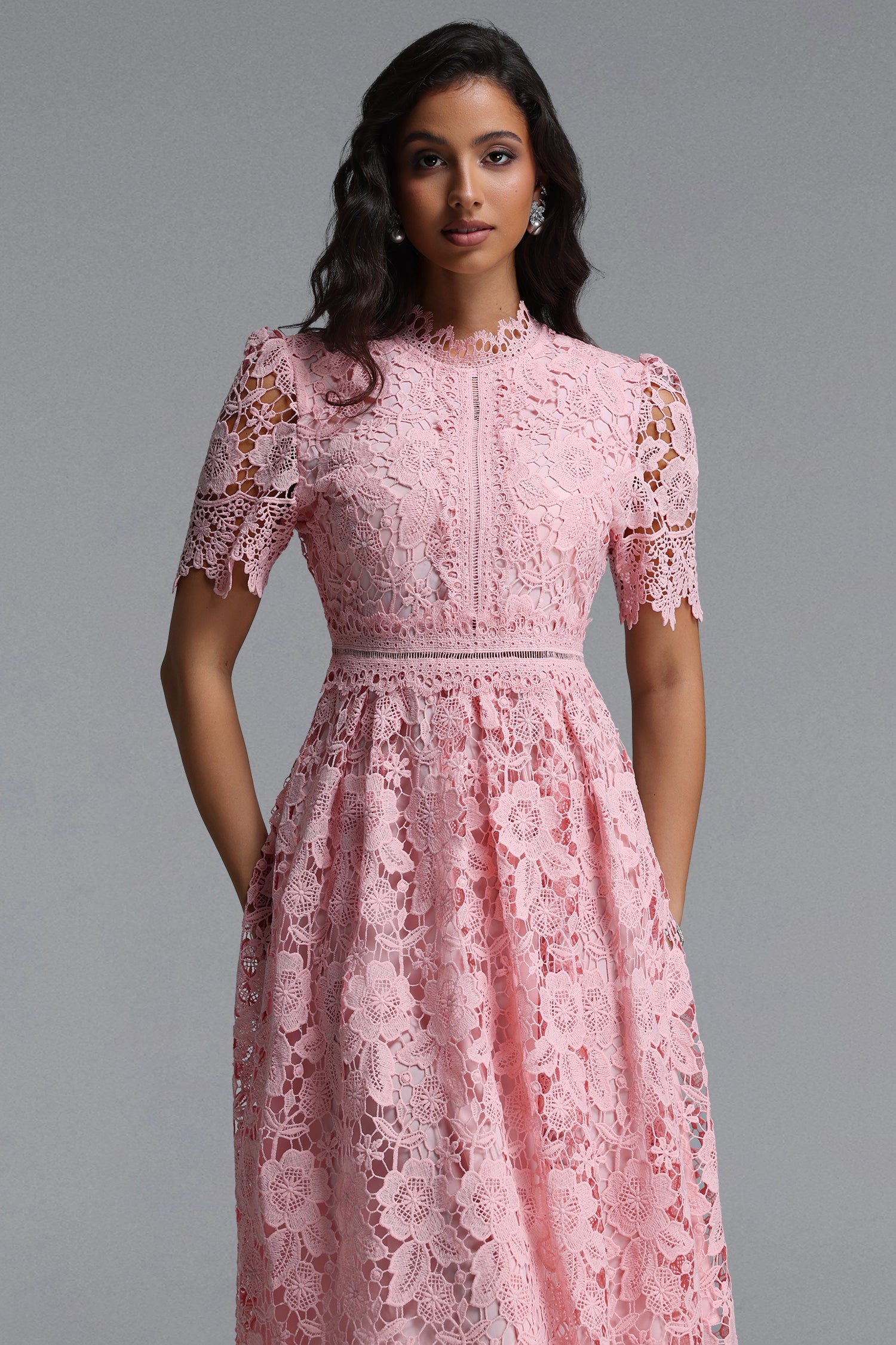 Valema Resort Flowy Short Sleeve Floral Lace Midi Dress	