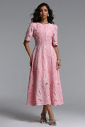 Krystal Resort Cinched Short Sleeve Embroidered Floral Lace Woven Midi Dress	