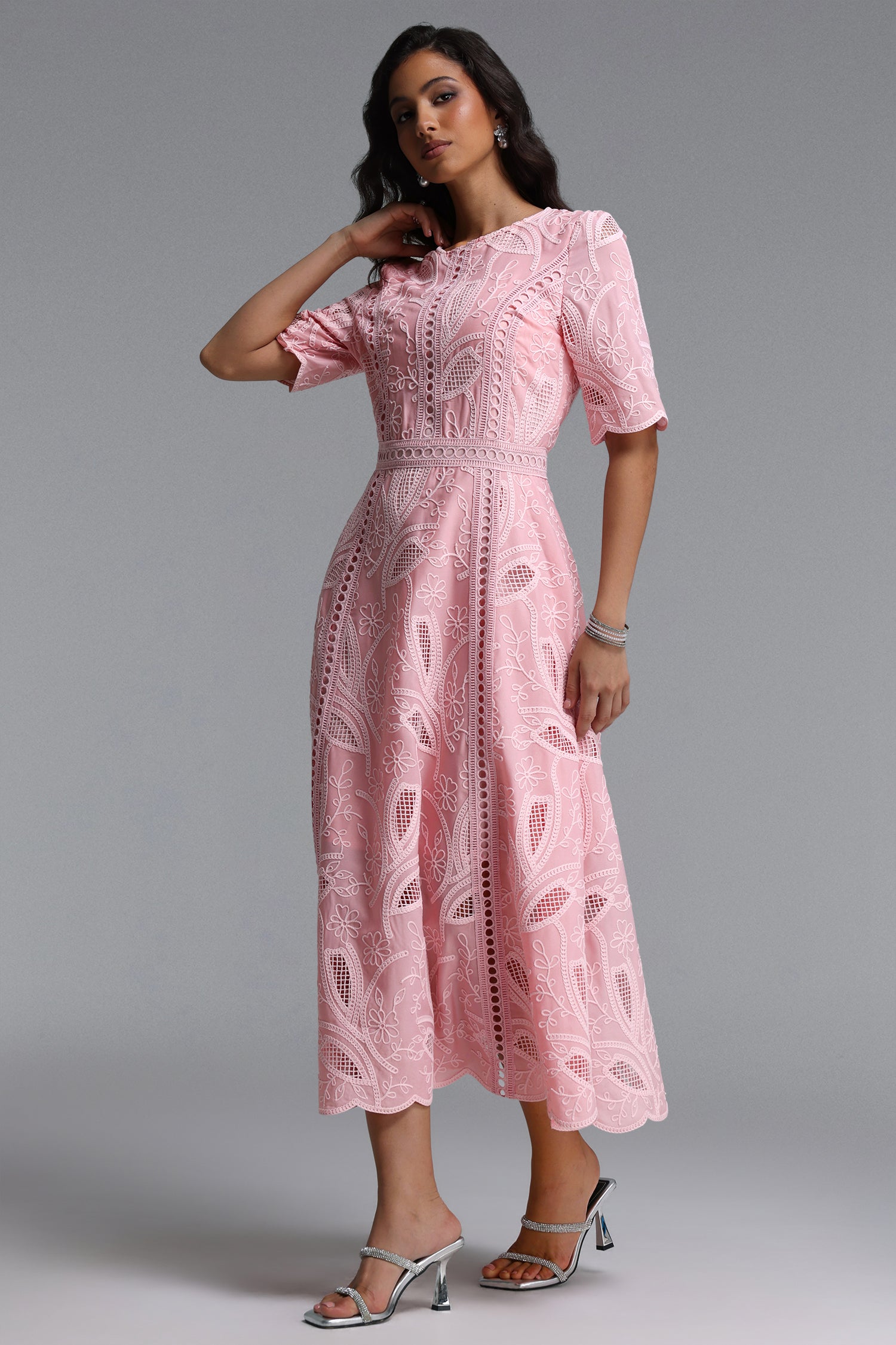 Krystal Resort Cinched Short Sleeve Embroidered Floral Lace Woven Midi Dress	