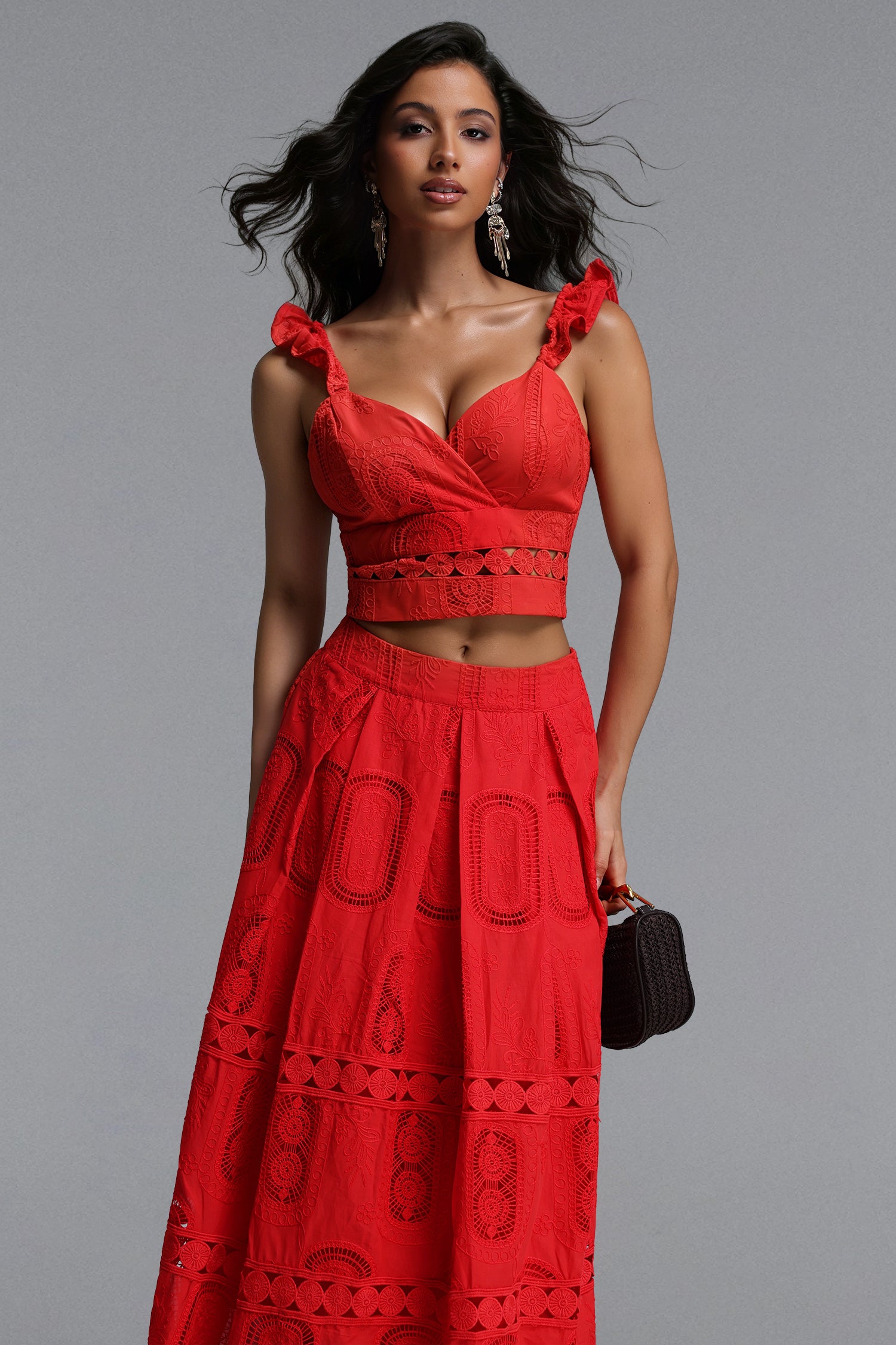 Lali Resort Flowy V Neck Sleeveless Ruffle Woven Top and Skirt Two Piece Set	