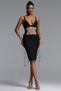 Tove Sexy Contour Cut Out Bead Chian Braided Bandage Midi Dress	