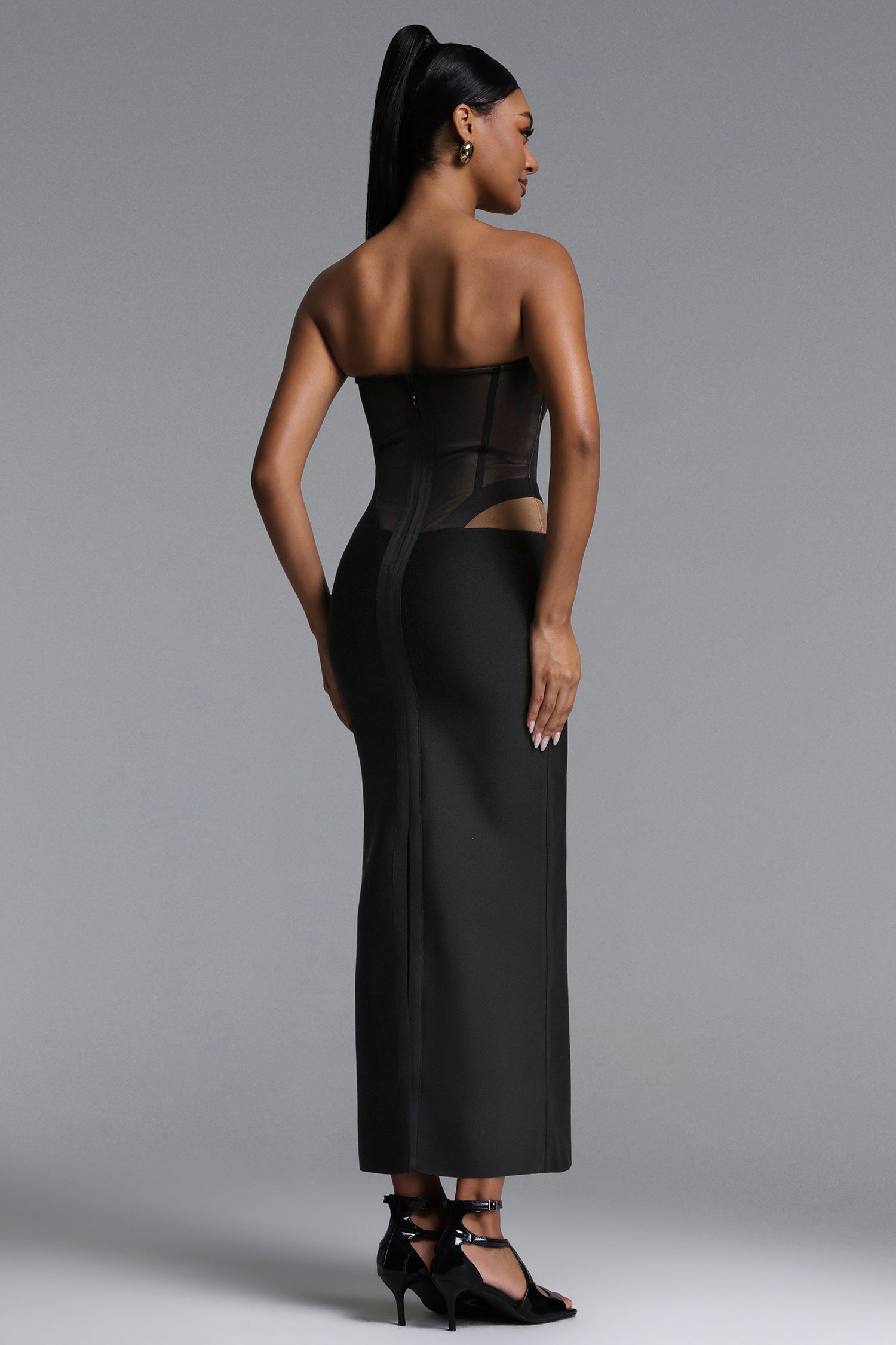 Xaviera Sexy Contour Strapless Cut Out Sheer Bandage Maxi Dress	