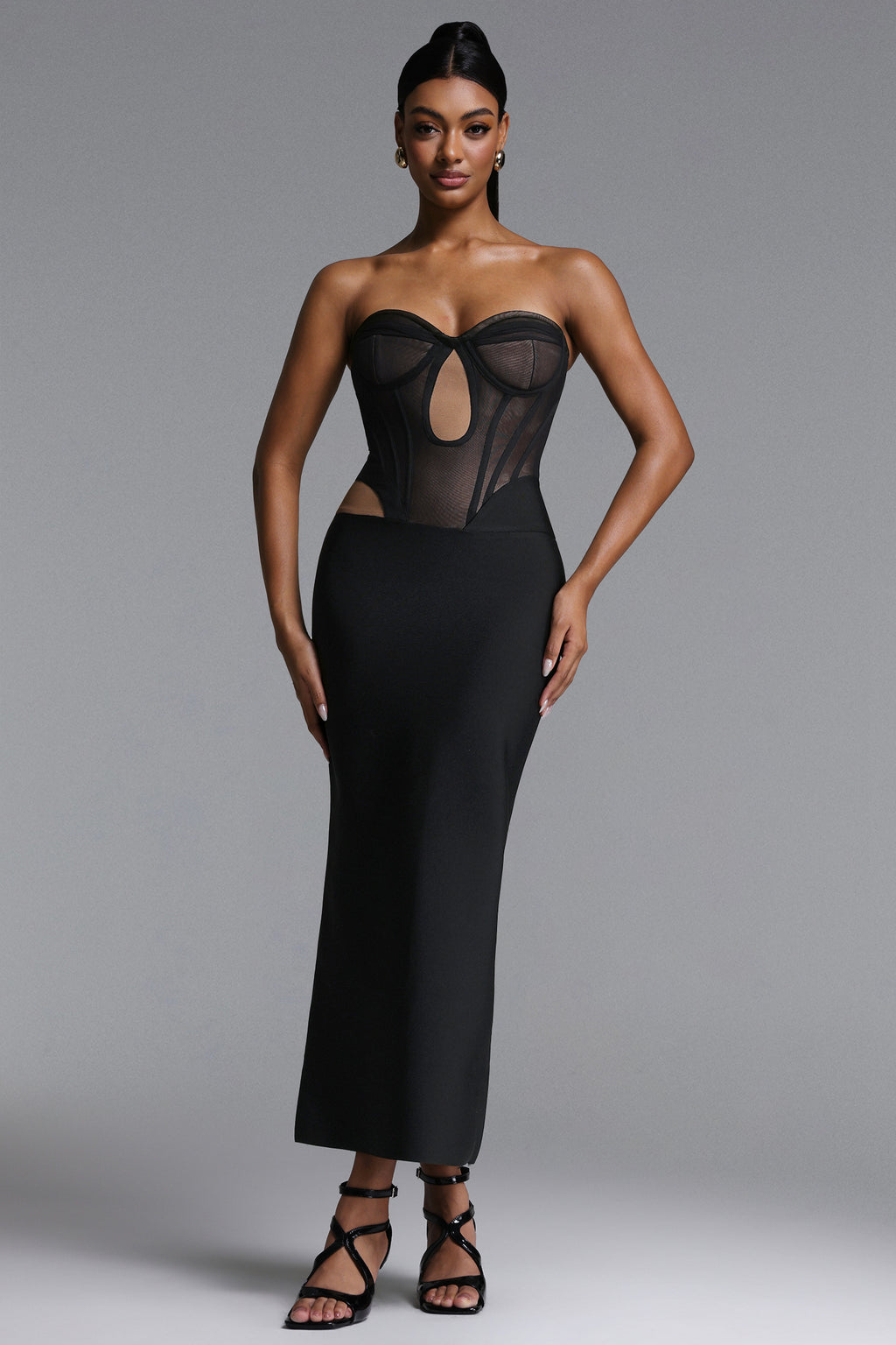Xaviera Sexy Contour Strapless Cut Out Sheer Bandage Maxi Dress	
