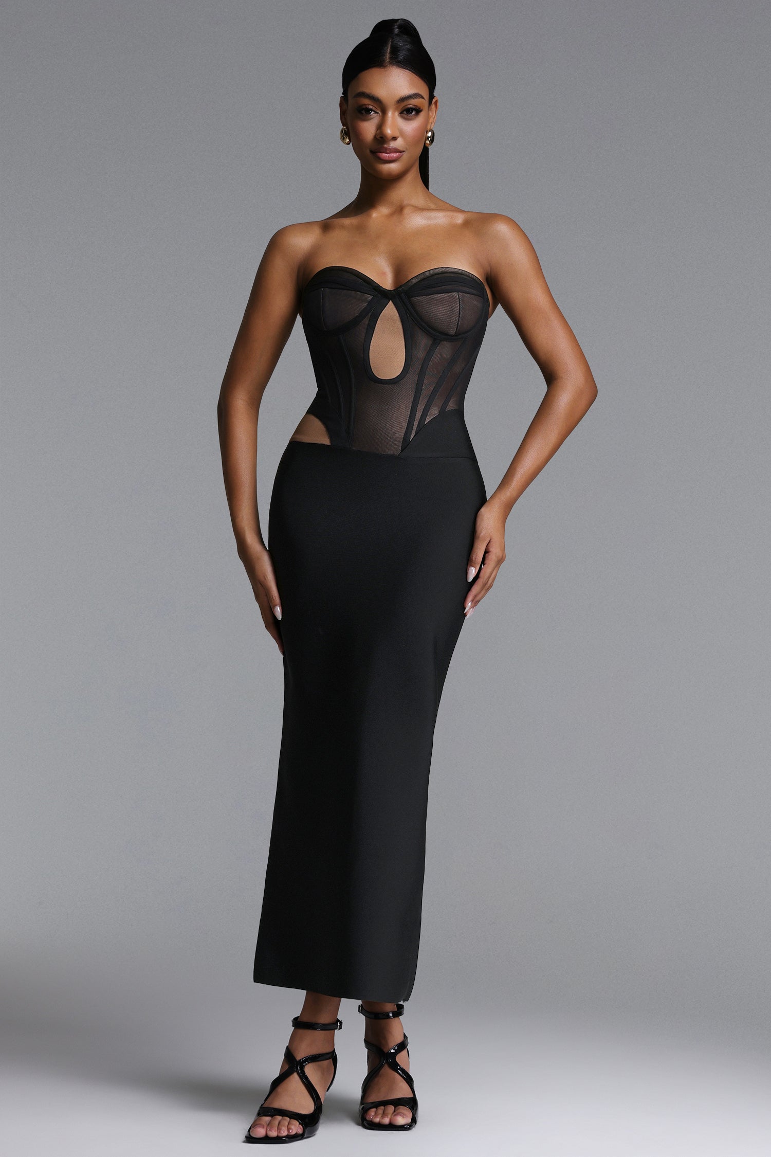 Xaviera Sexy Contour Strapless Cut Out Sheer Bandage Maxi Dress	