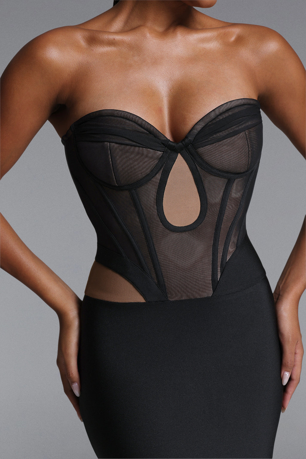 Xaviera Sexy Contour Strapless Cut Out Sheer Bandage Maxi Dress	