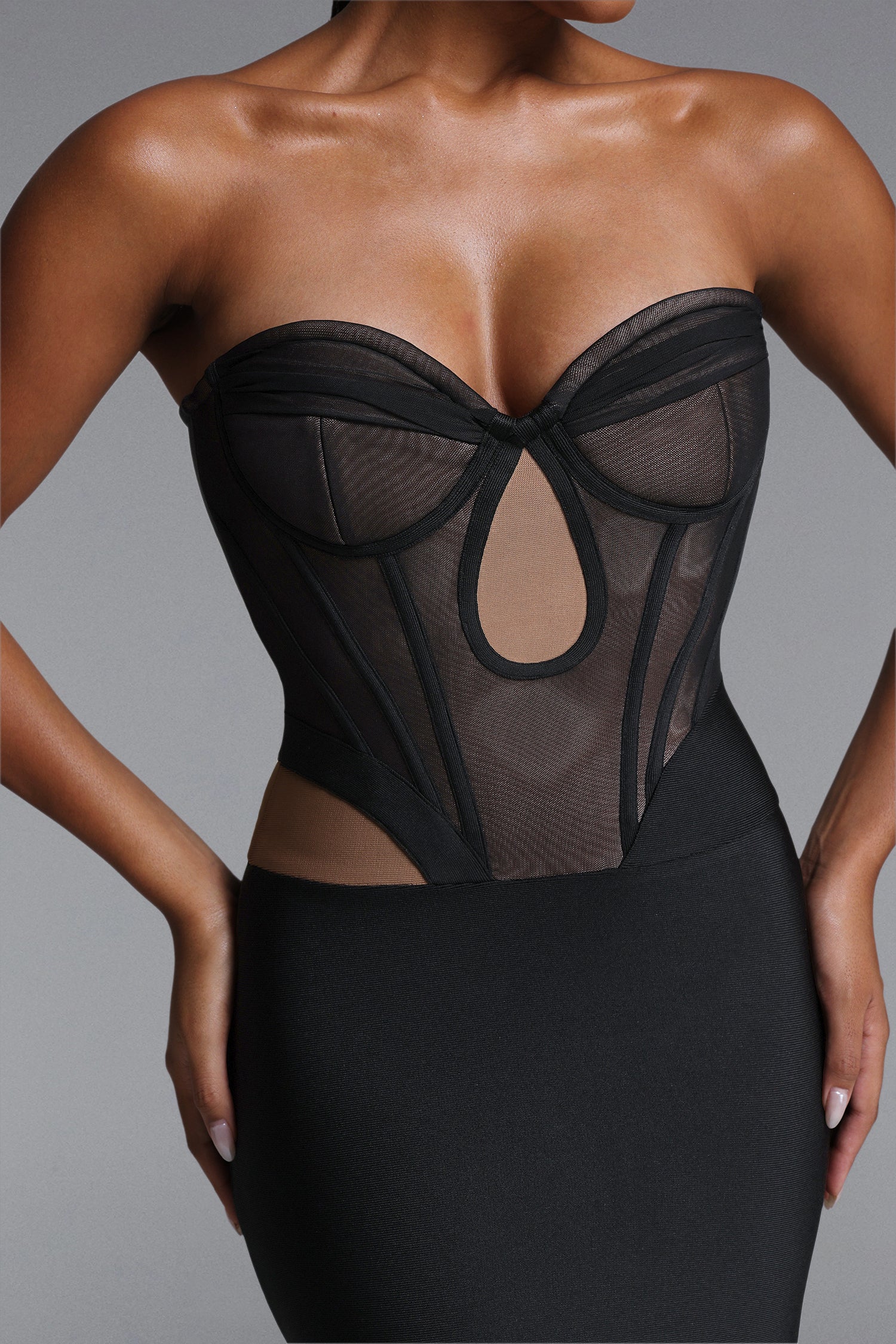 Xaviera Sexy Contour Strapless Cut Out Sheer Bandage Maxi Dress	