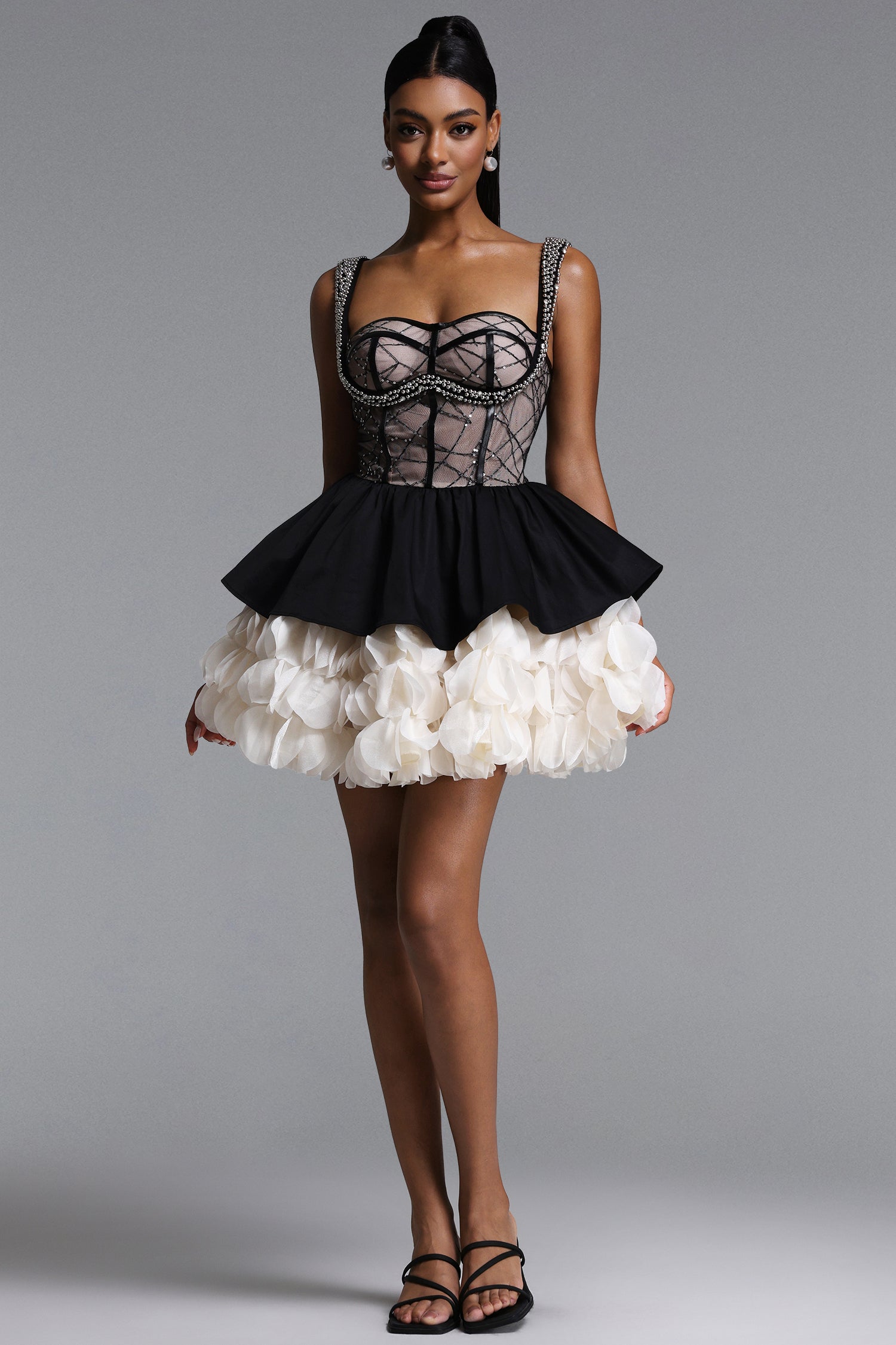 Kiavia Romantic Contour Beaded Sequin Petal Mini Dress	