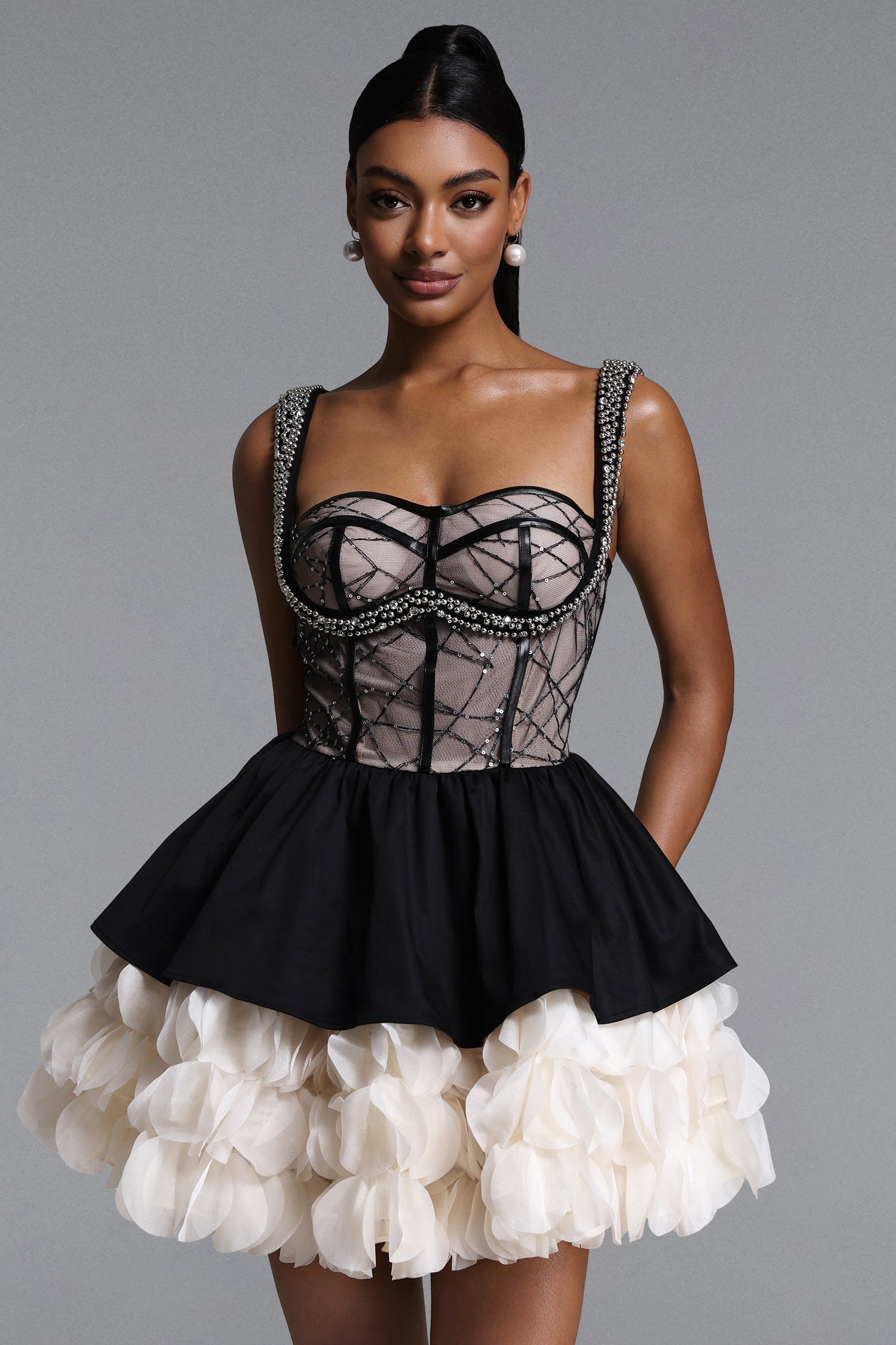 Kiavia Romantic Contour Beaded Sequin Petal Mini Dress	