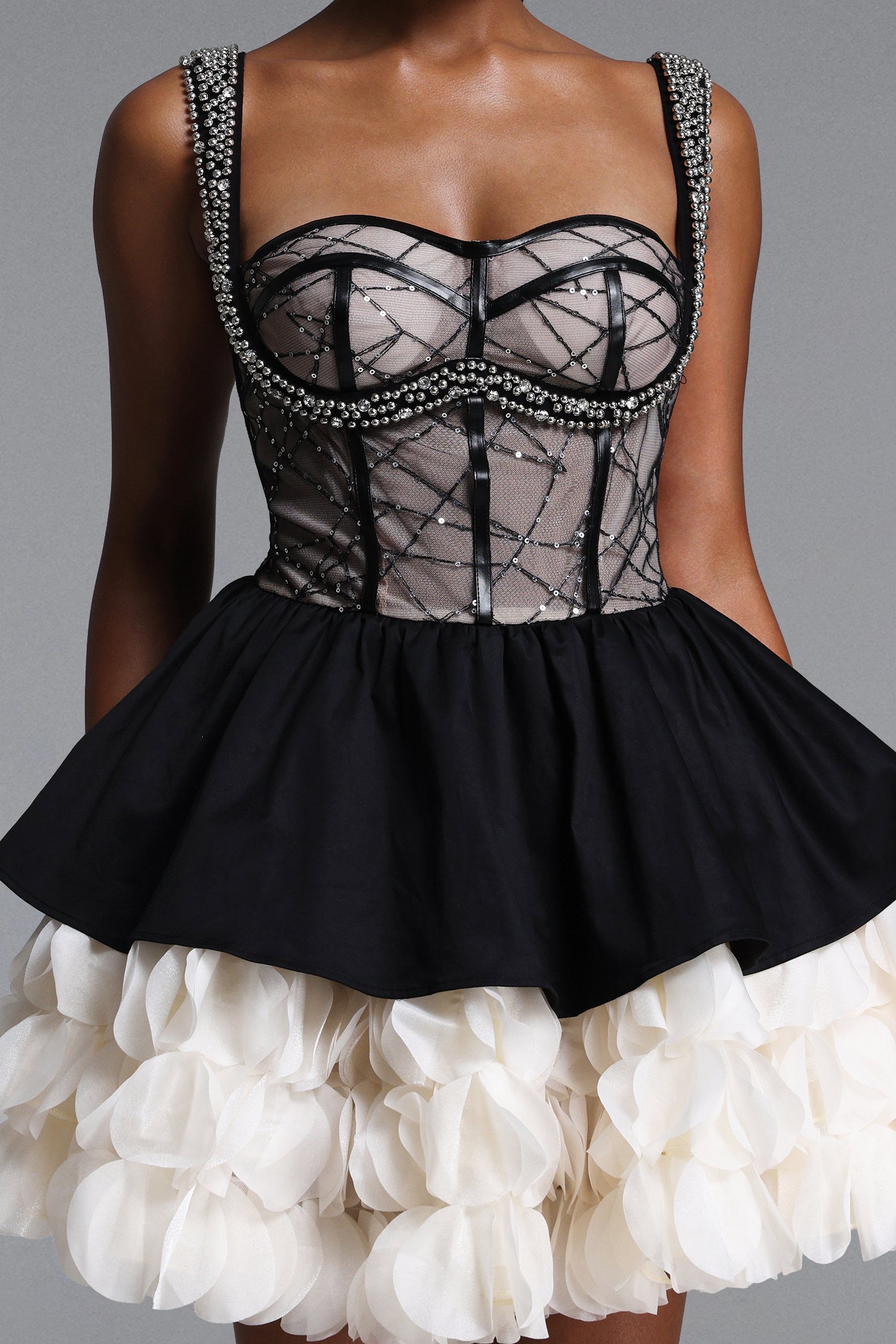 Kiavia Romantic Contour Beaded Sequin Petal Mini Dress	