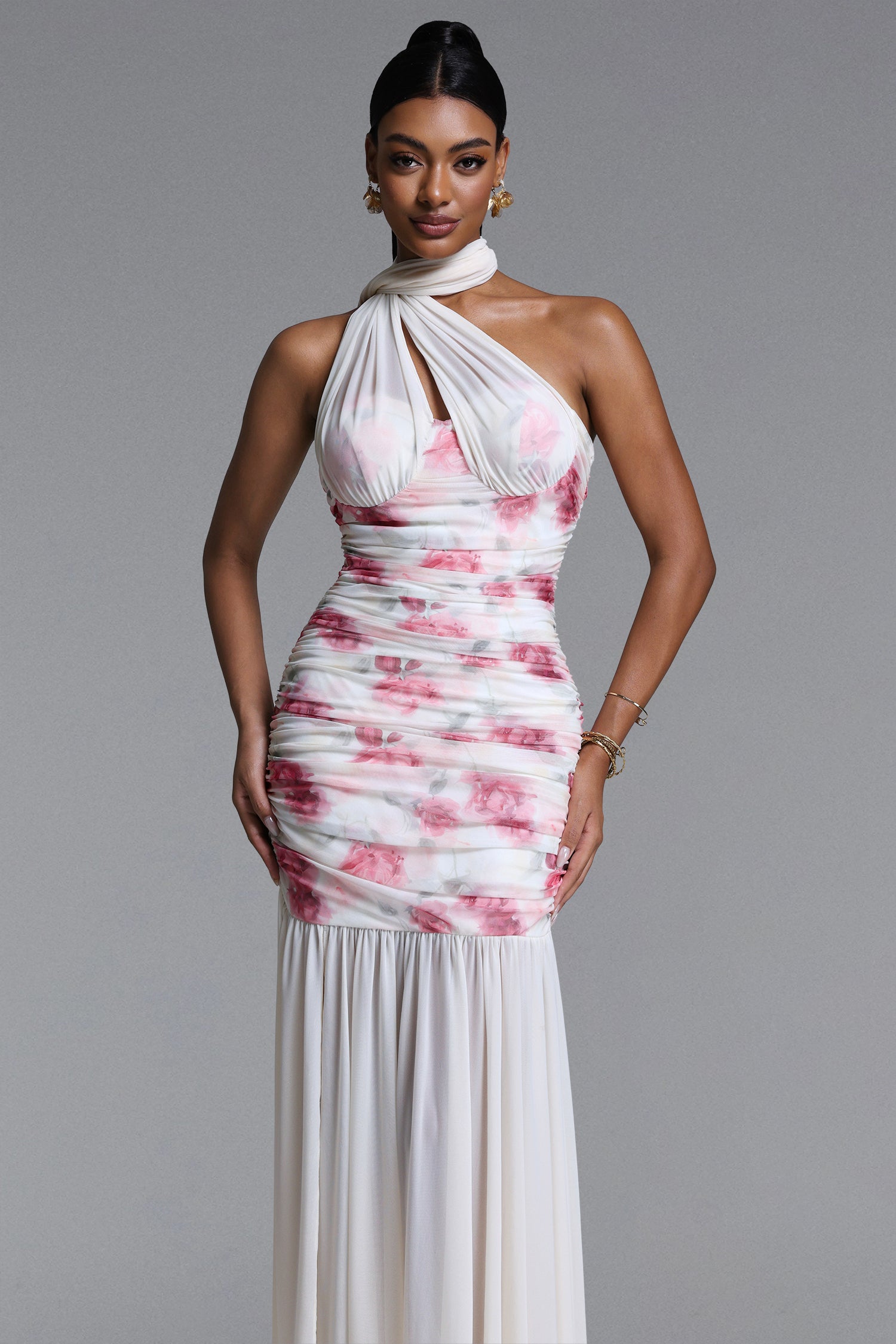 Margarete Romantic Contour Halter Ruched Floral Print Mesh Maxi Dress	