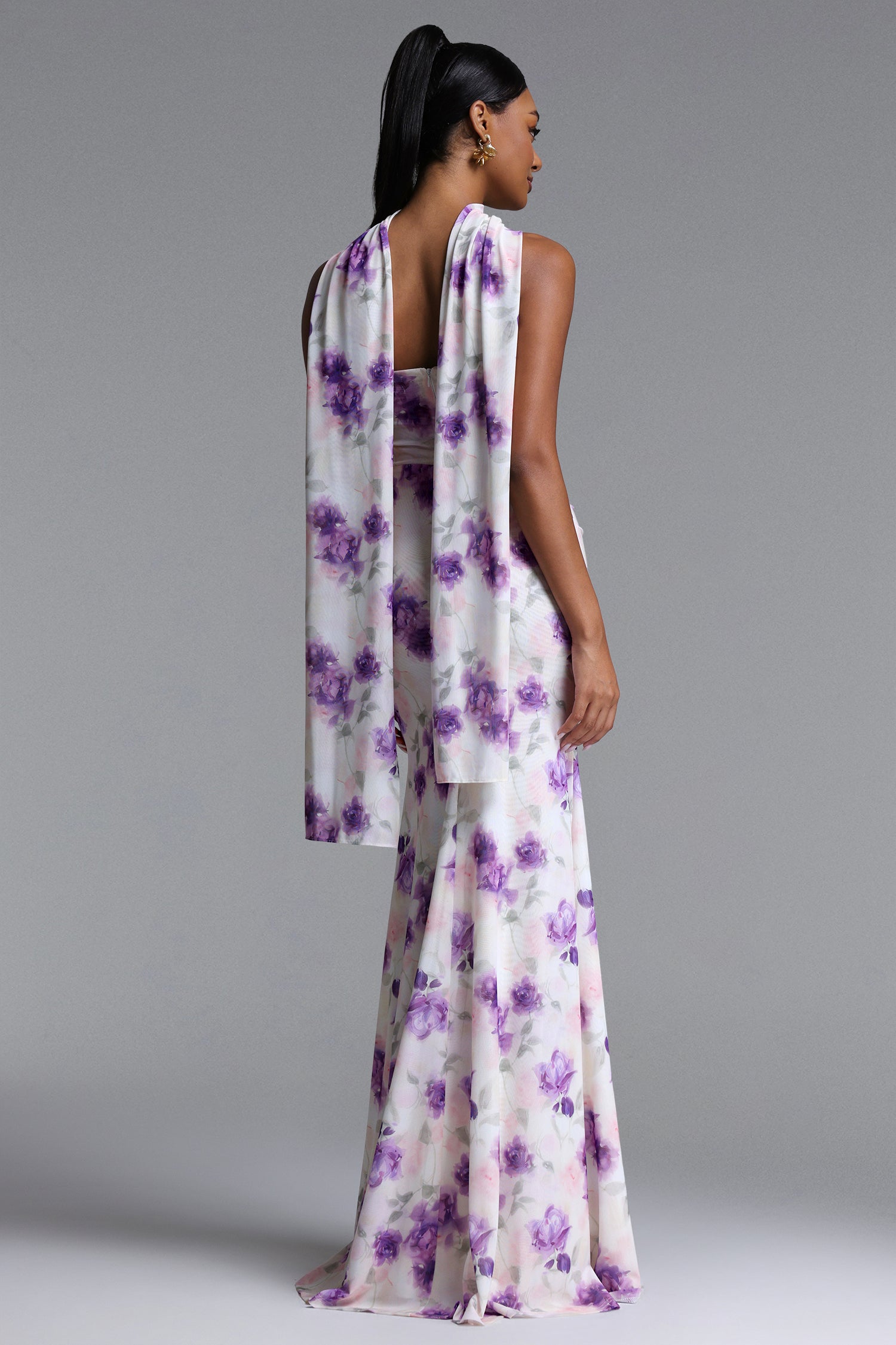 Olivia Romantic Contour Strapless Scarf Ruched Floral Print Mesh Maxi Dress	