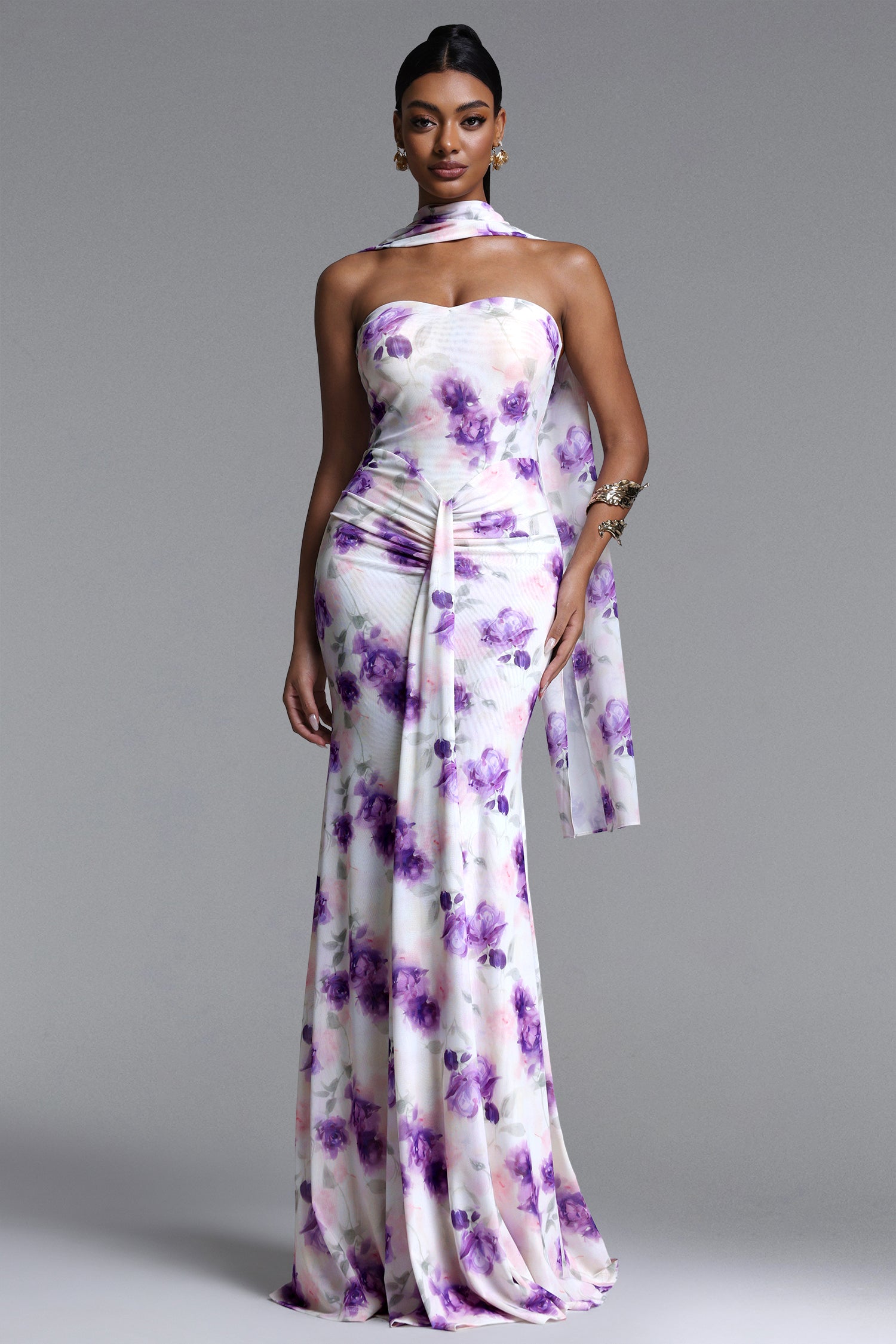 Olivia Romantic Contour Strapless Scarf Ruched Floral Print Mesh Maxi Dress	