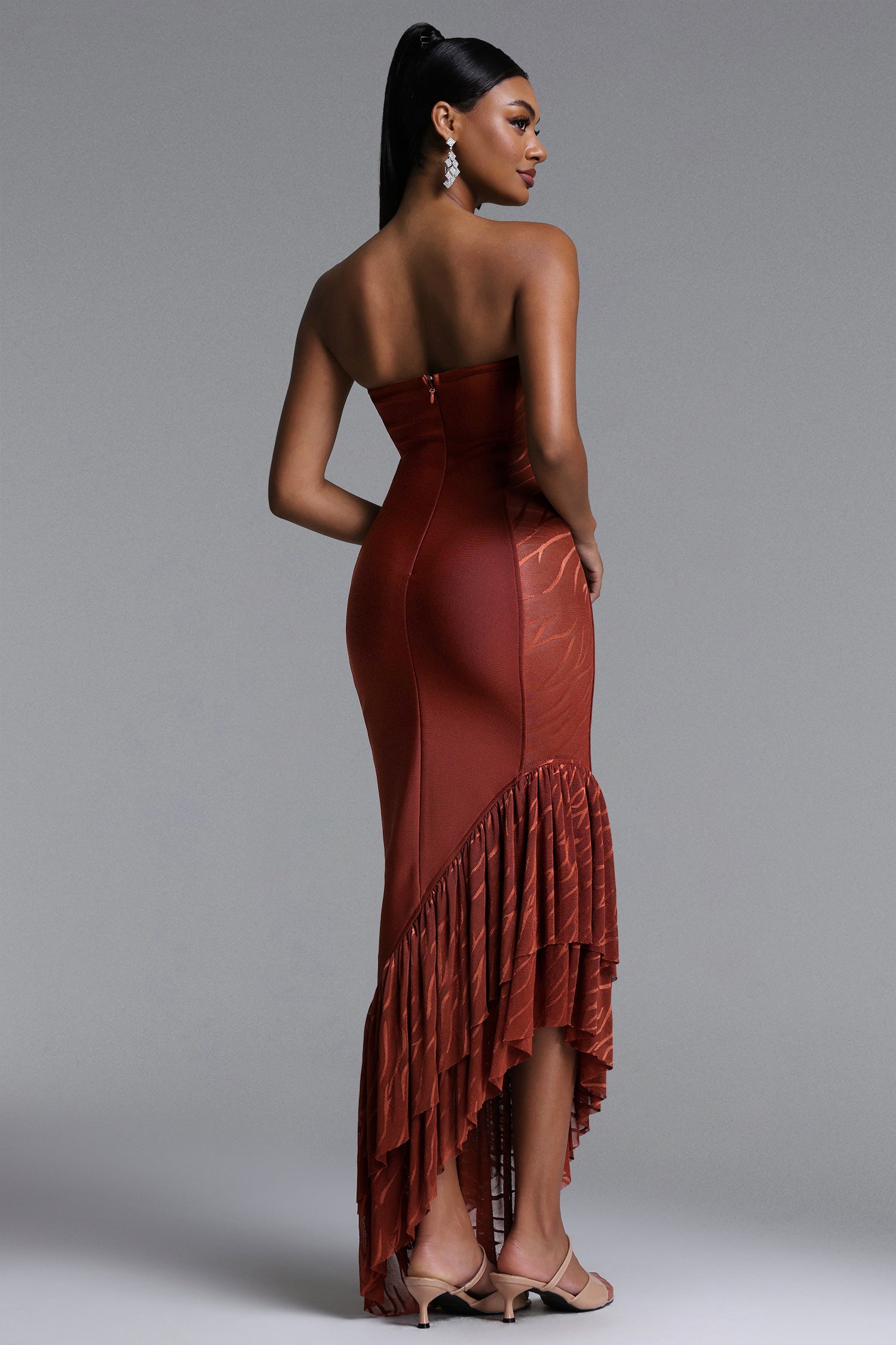Roche Chic Contour Strapless Cut Out Ruffle Maxi Dress	