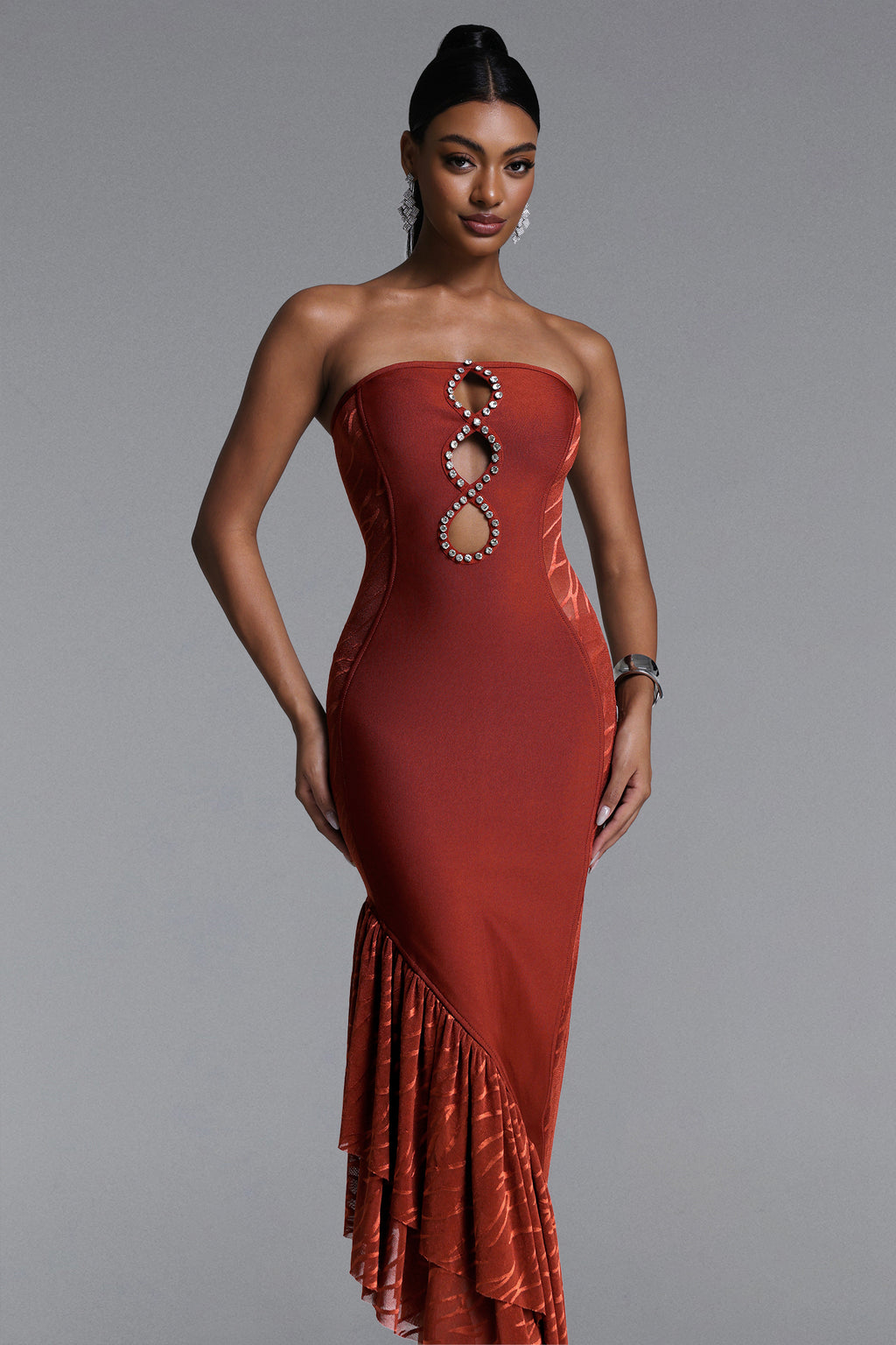 Roche Chic Contour Strapless Cut Out Ruffle Maxi Dress	