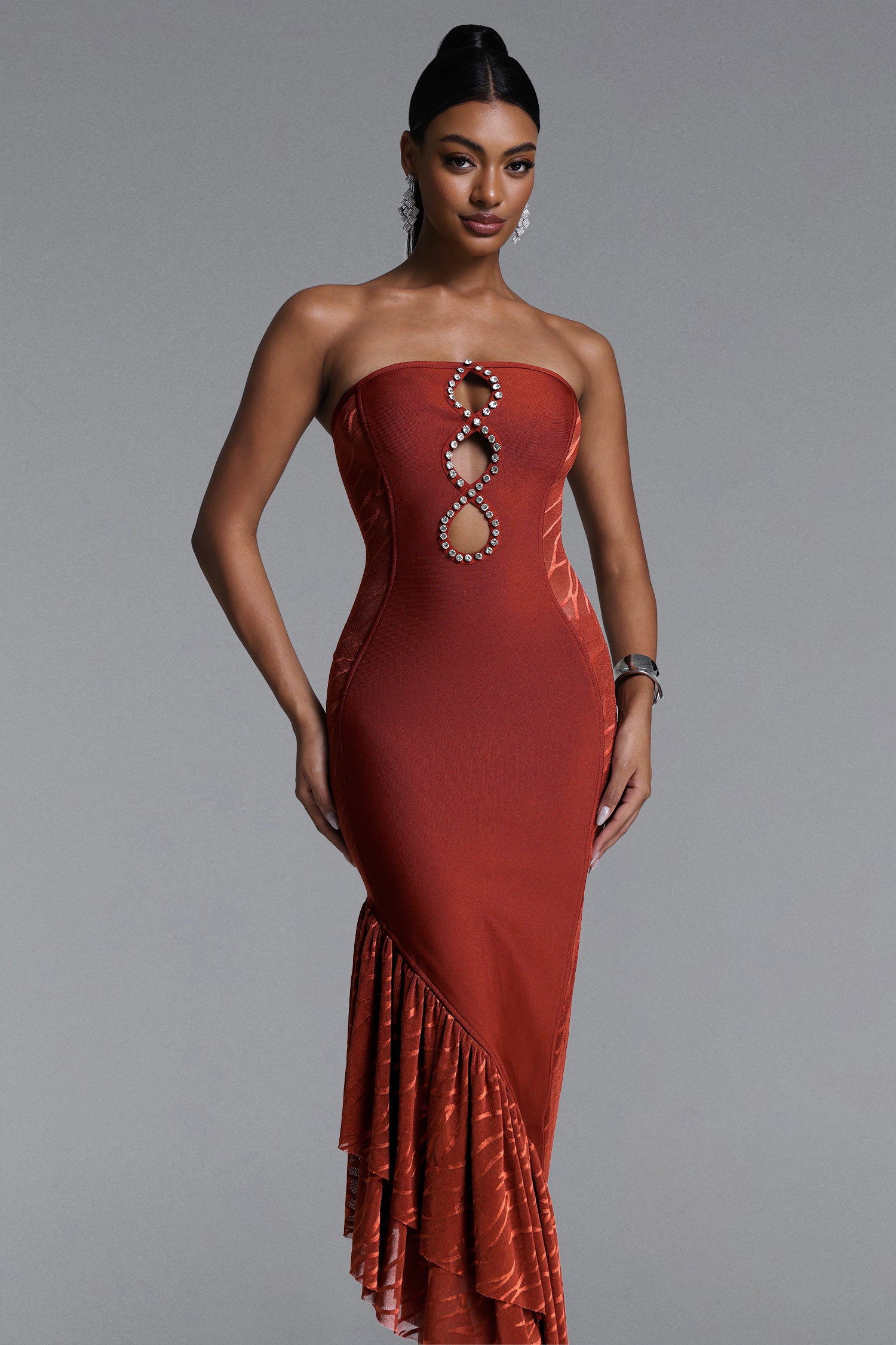 Roche Chic Contour Strapless Cut Out Ruffle Maxi Dress	