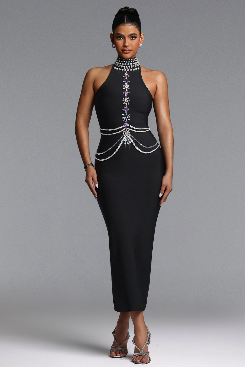 Opal Glamorous Contour Halter Rhinestone Pearl Bandage Maxi Dress	