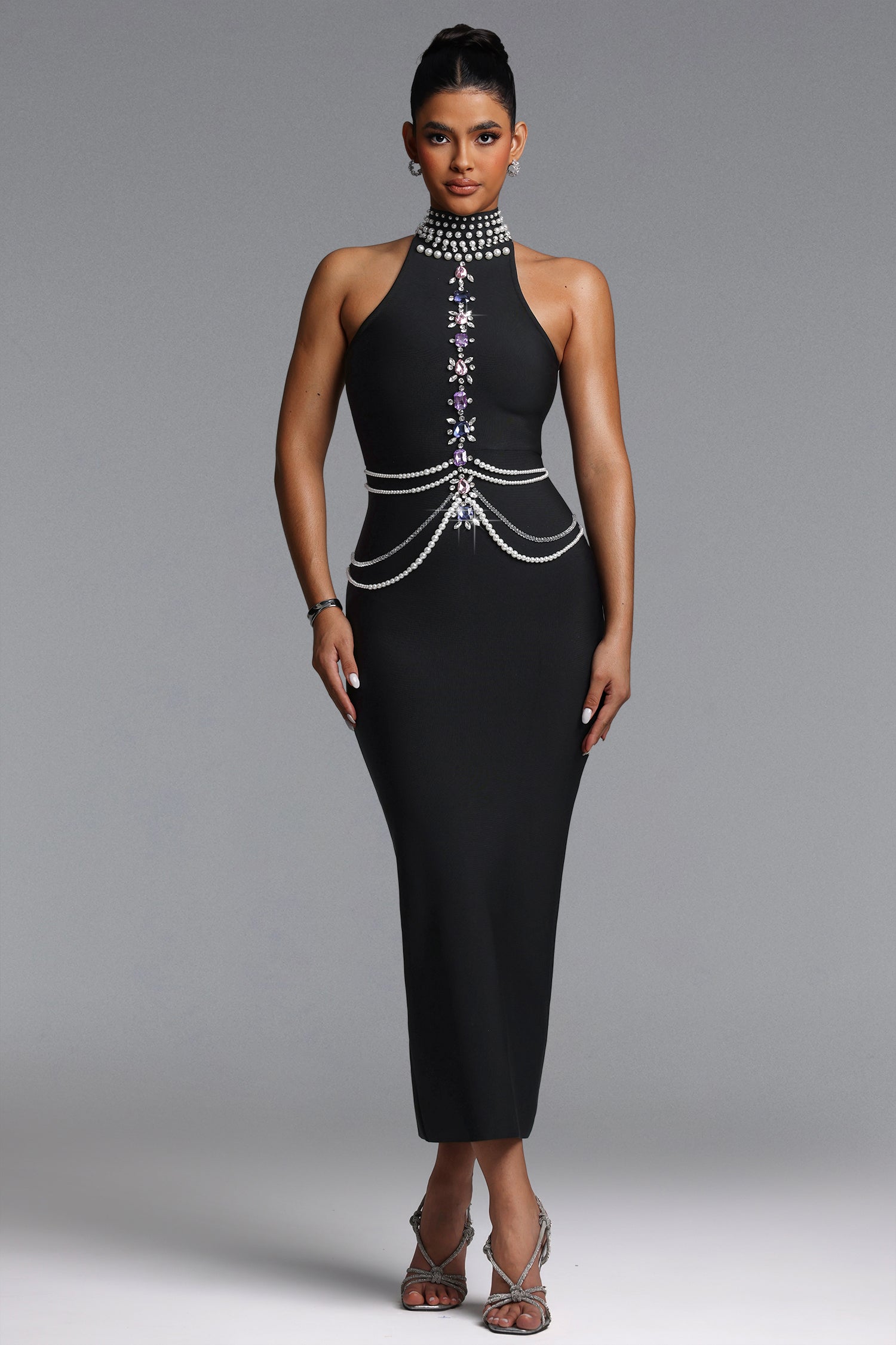 Opal Glamorous Contour Halter Rhinestone Pearl Bandage Maxi Dress	