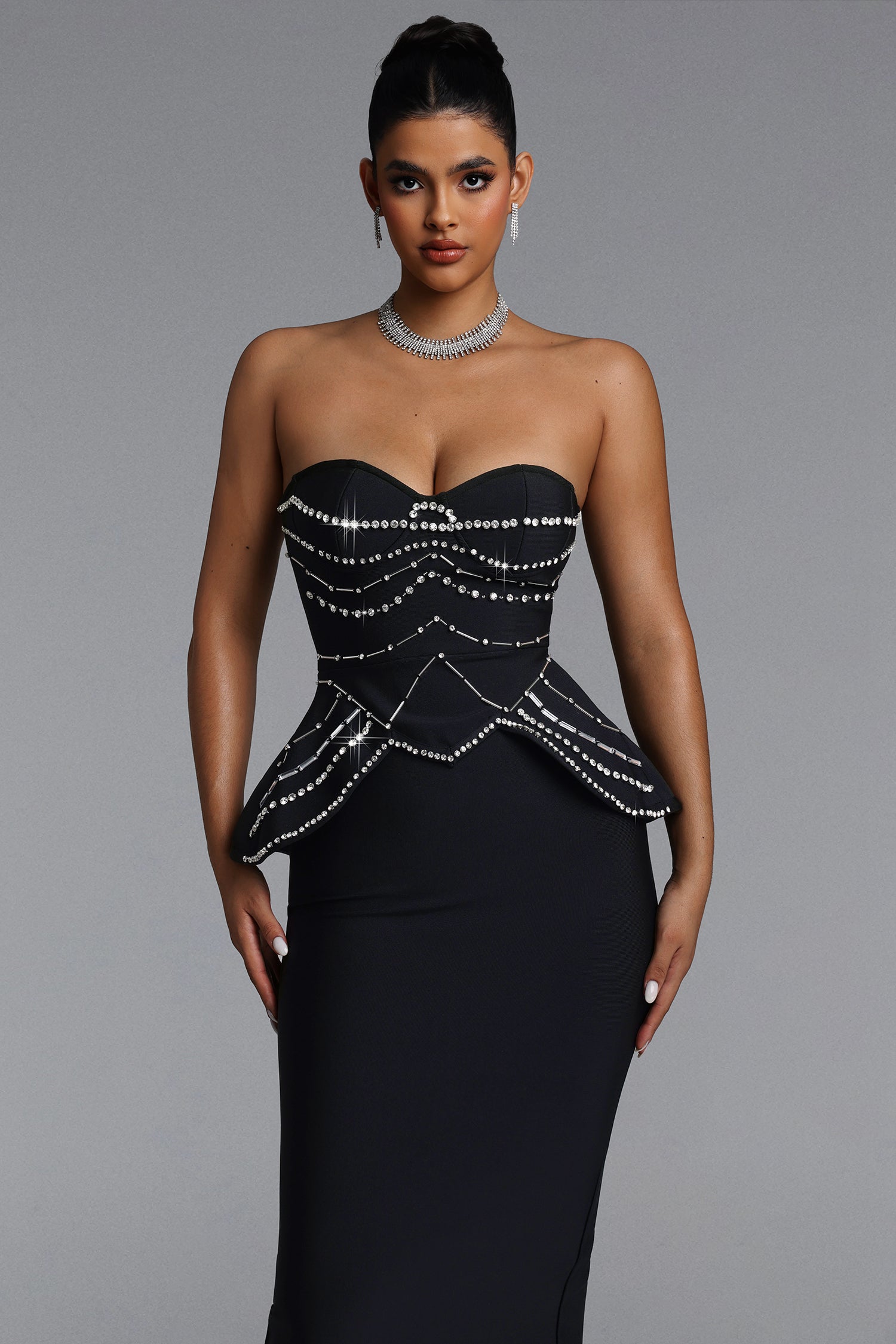 Dolores Glamorous Contour Strapless Rhinestone Bandage Maxi Dress	