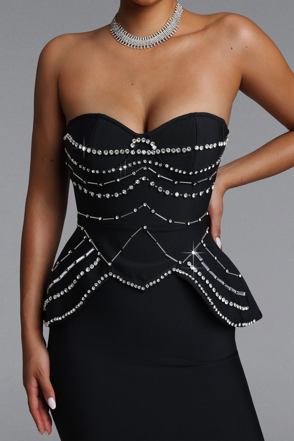 Dolores Glamorous Contour Strapless Rhinestone Bandage Maxi Dress	