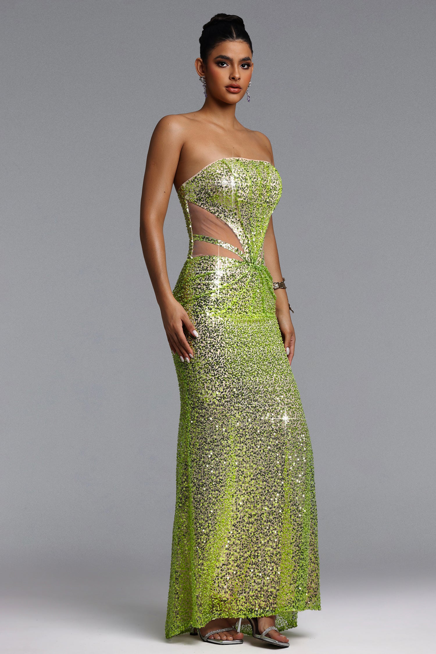 Kerlin Elegant Contour Strapless Cut Out Sequin Maxi Dress	
