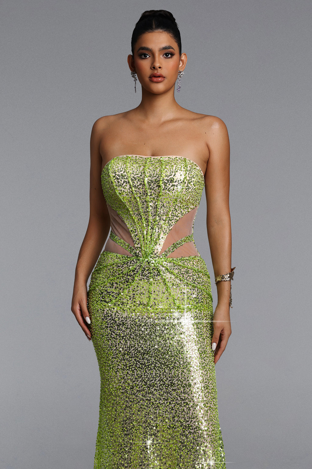 Kerlin Elegant Contour Strapless Cut Out Sequin Maxi Dress	
