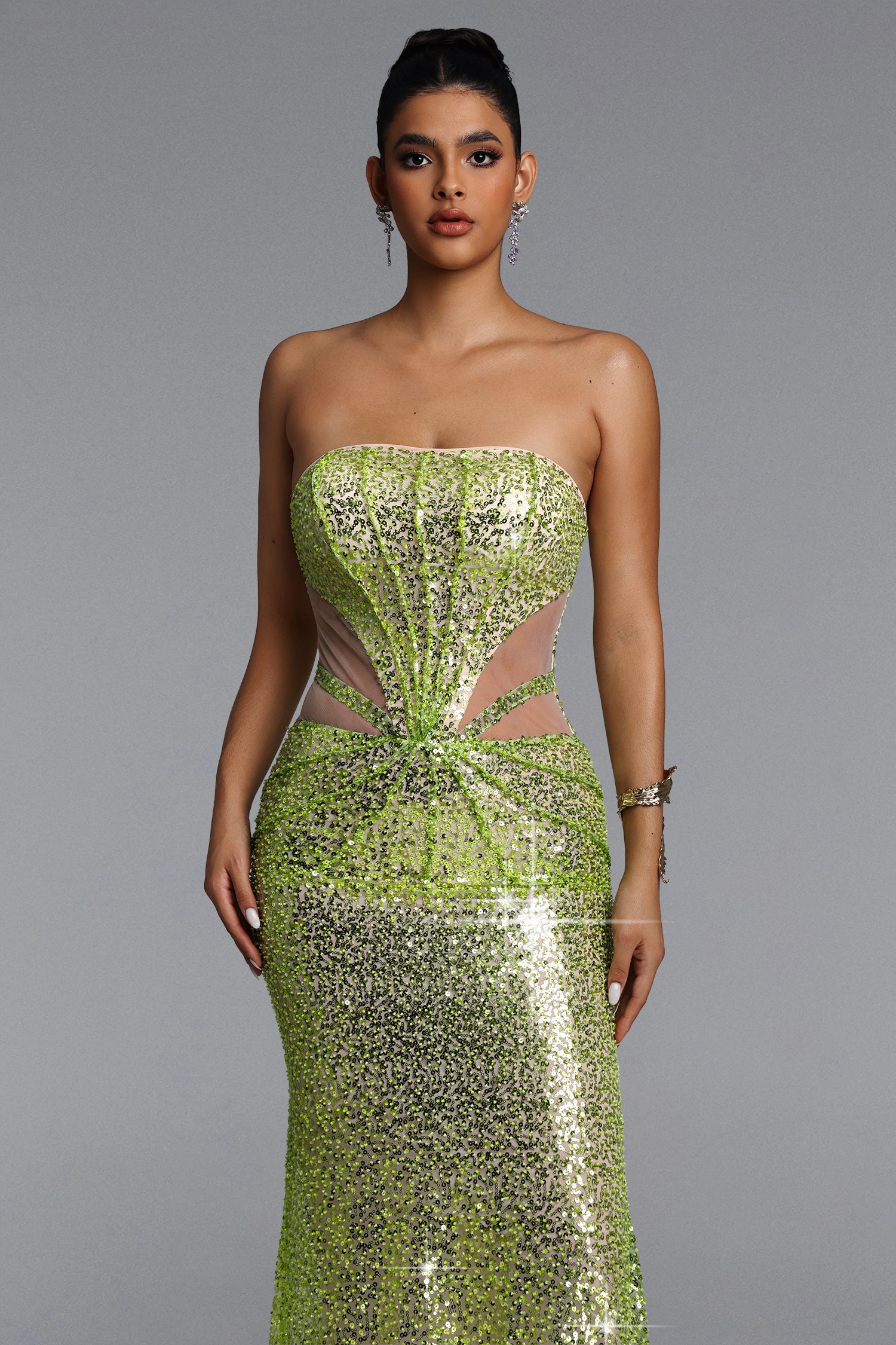 Kerlin Elegant Contour Strapless Cut Out Sequin Maxi Dress	