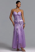 Sally Glamorous Contour Strapless Sequin Purple Maxi Dress	