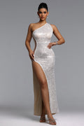 Katty Elegant Contour One Shoulder Pearl Sequin Maxi Dress	