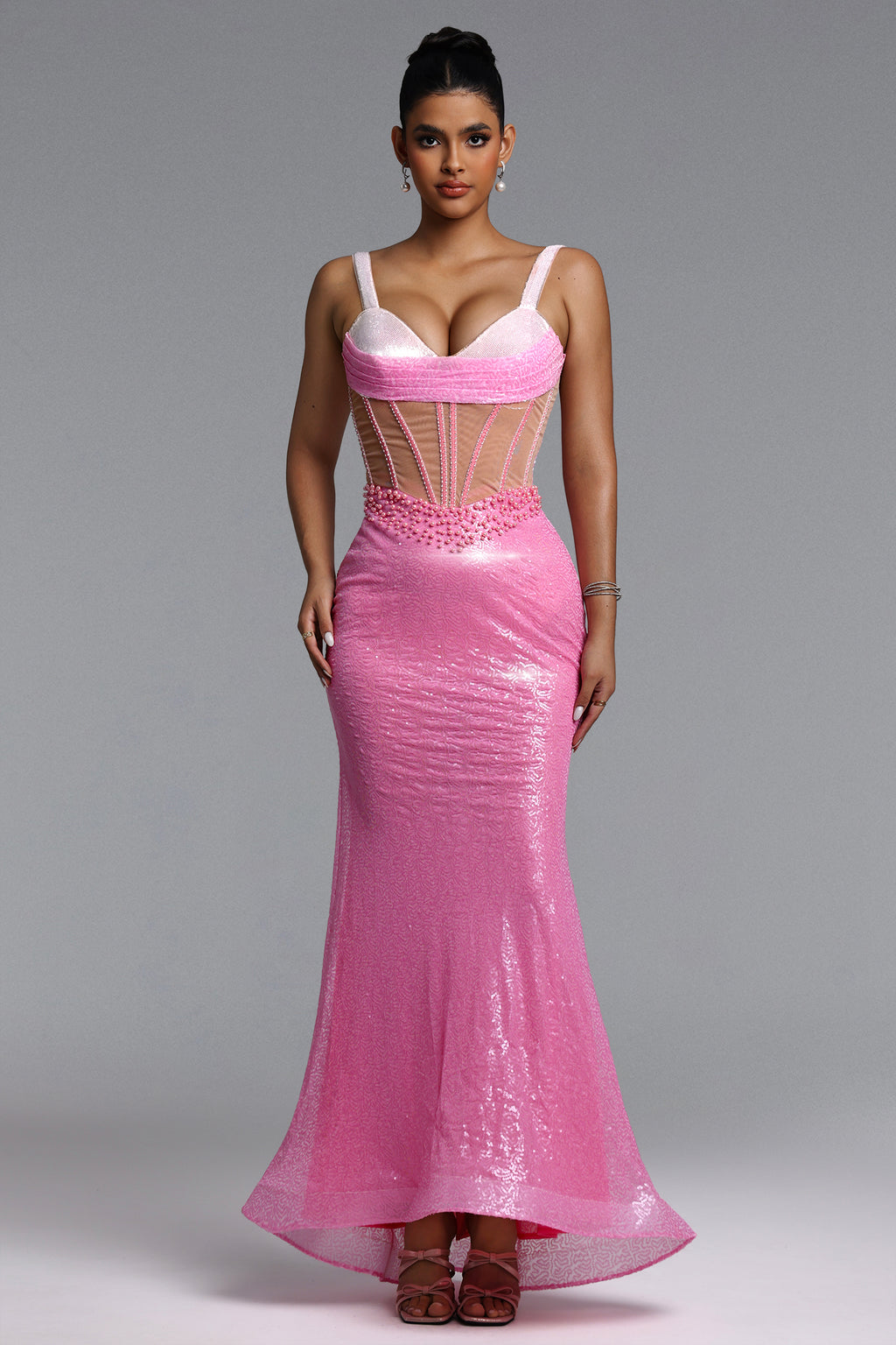 Tati Romantic Contour Cut Out Pearl Sequin Maxi Dress	