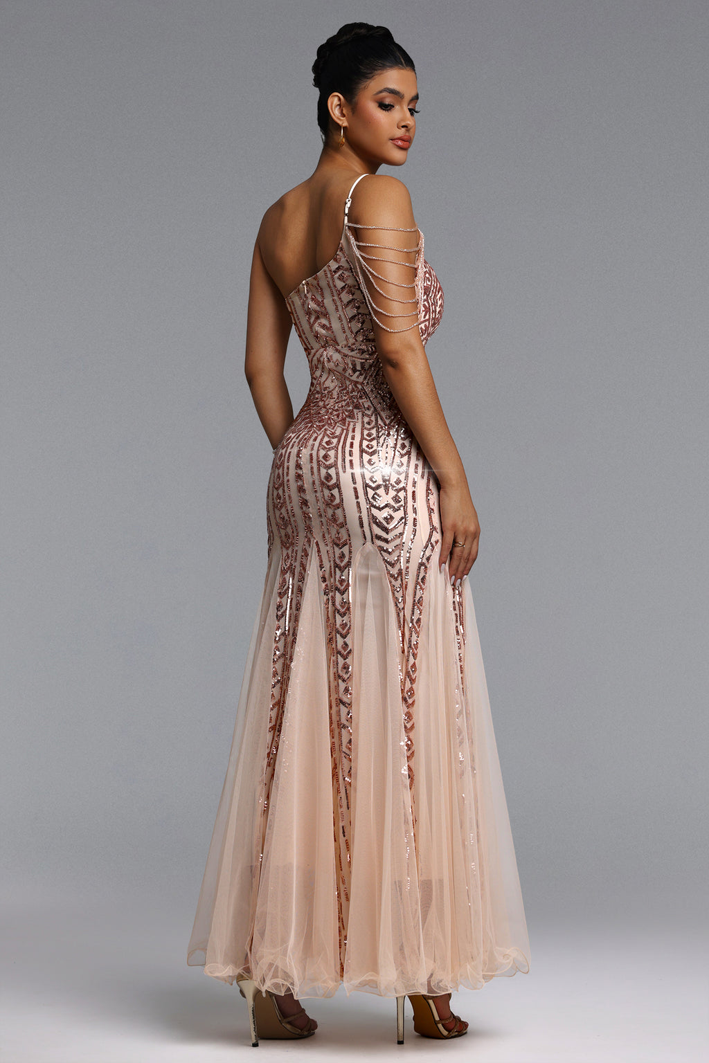 Elay One Shoulder Sequined Fishtail Beige Maxi Dress	