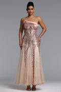 Elay One Shoulder Sequined Fishtail Beige Maxi Dress	