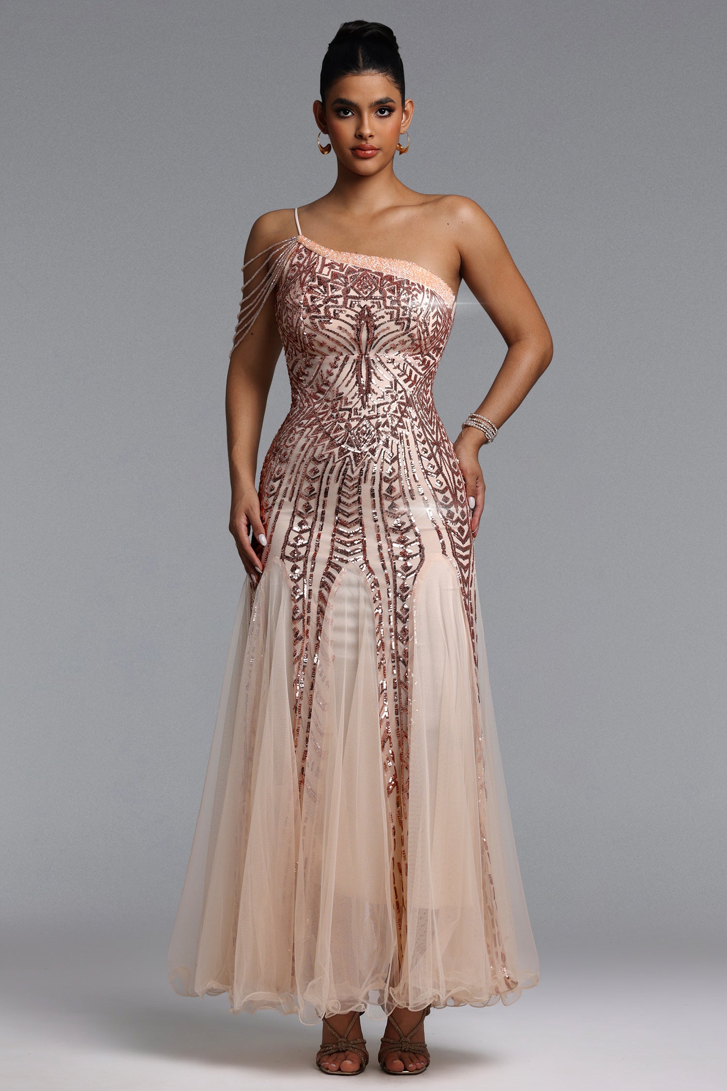 Elay One Shoulder Sequined Fishtail Beige Maxi Dress	