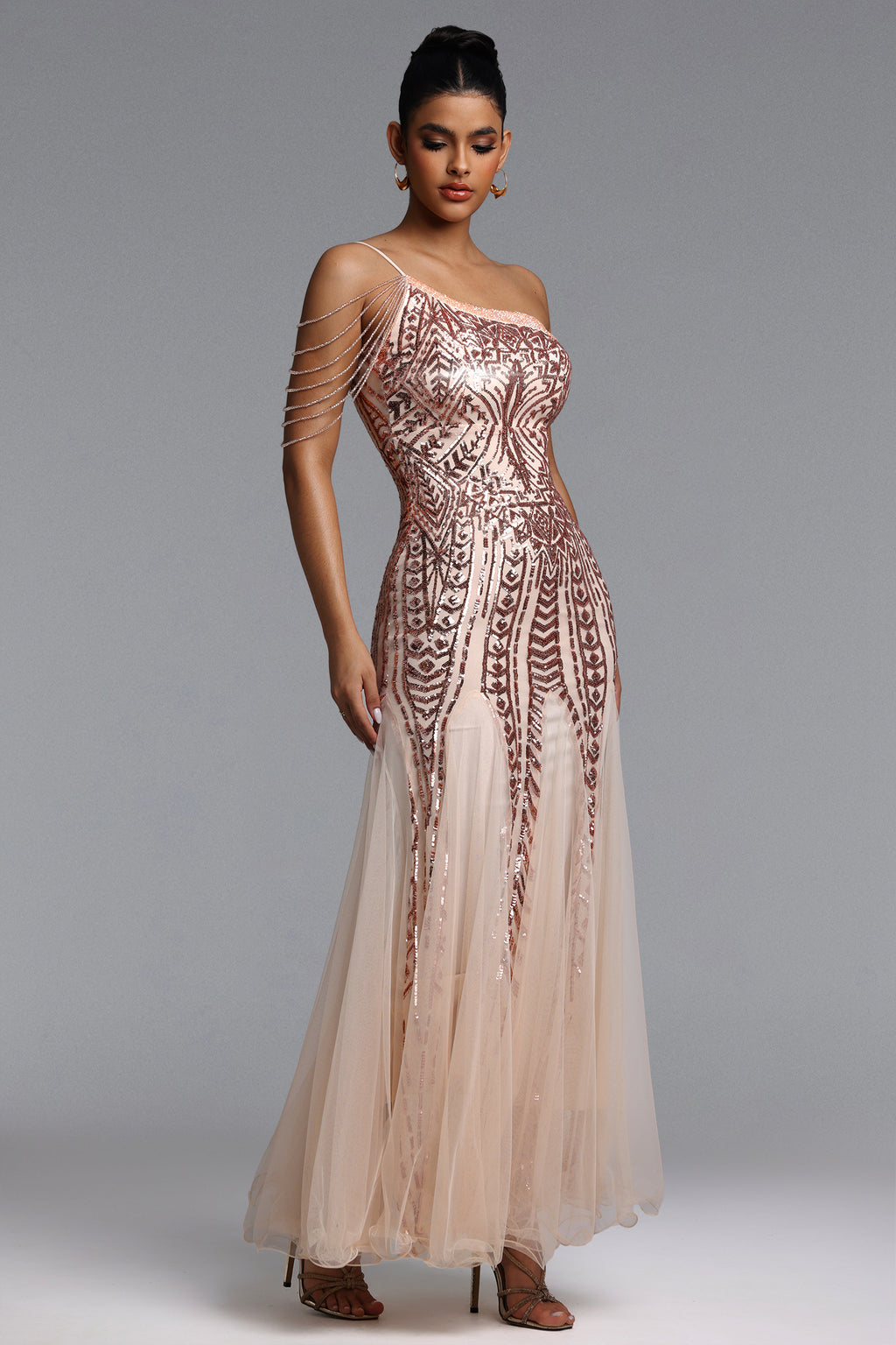 Elay One Shoulder Sequined Fishtail Beige Maxi Dress	