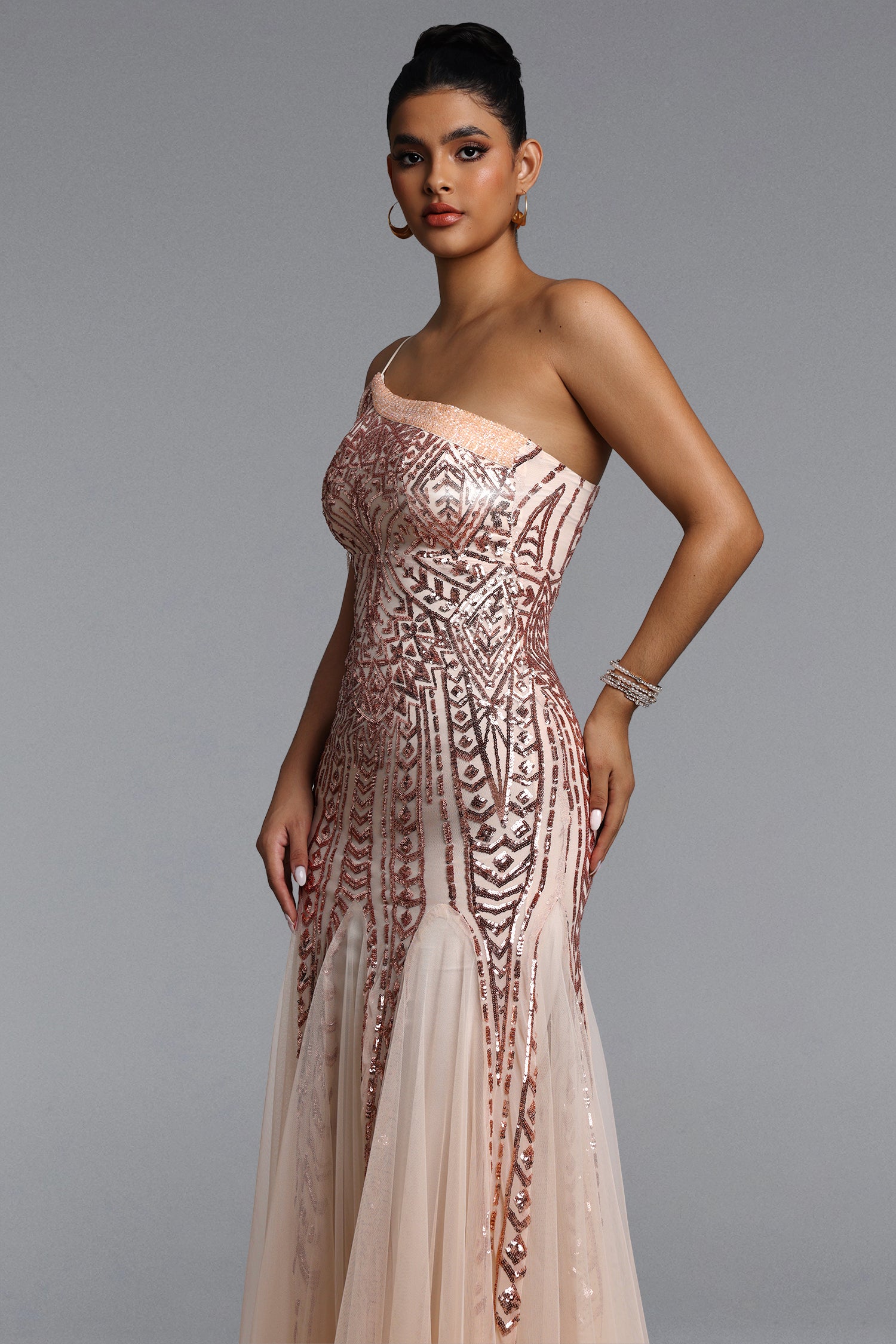 Elay One Shoulder Sequined Fishtail Beige Maxi Dress	