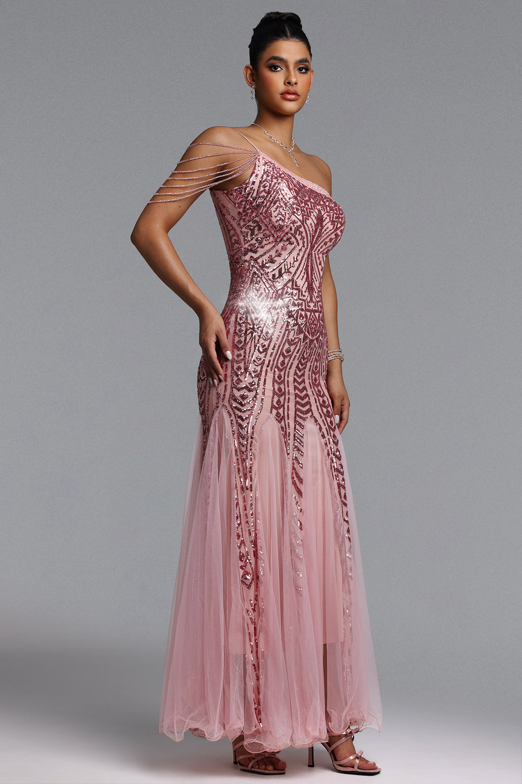 Elay One-Shoulder Sequined Fishtail Pink Maxi Dress	