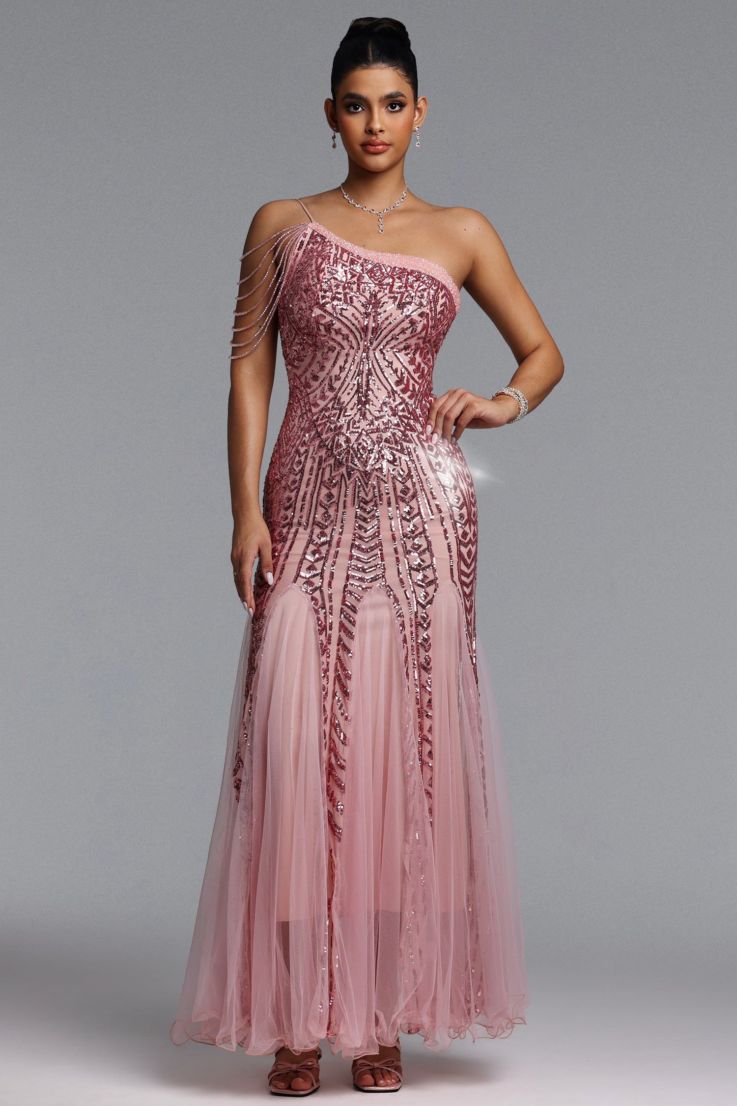 Elay One-Shoulder Sequined Fishtail Pink Maxi Dress	