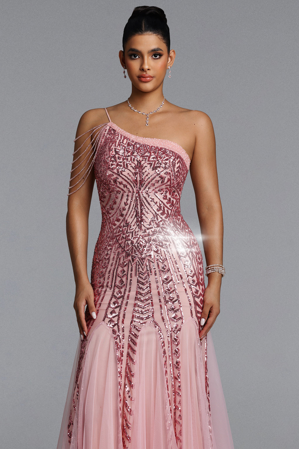 Elay One-Shoulder Sequined Fishtail Pink Maxi Dress	