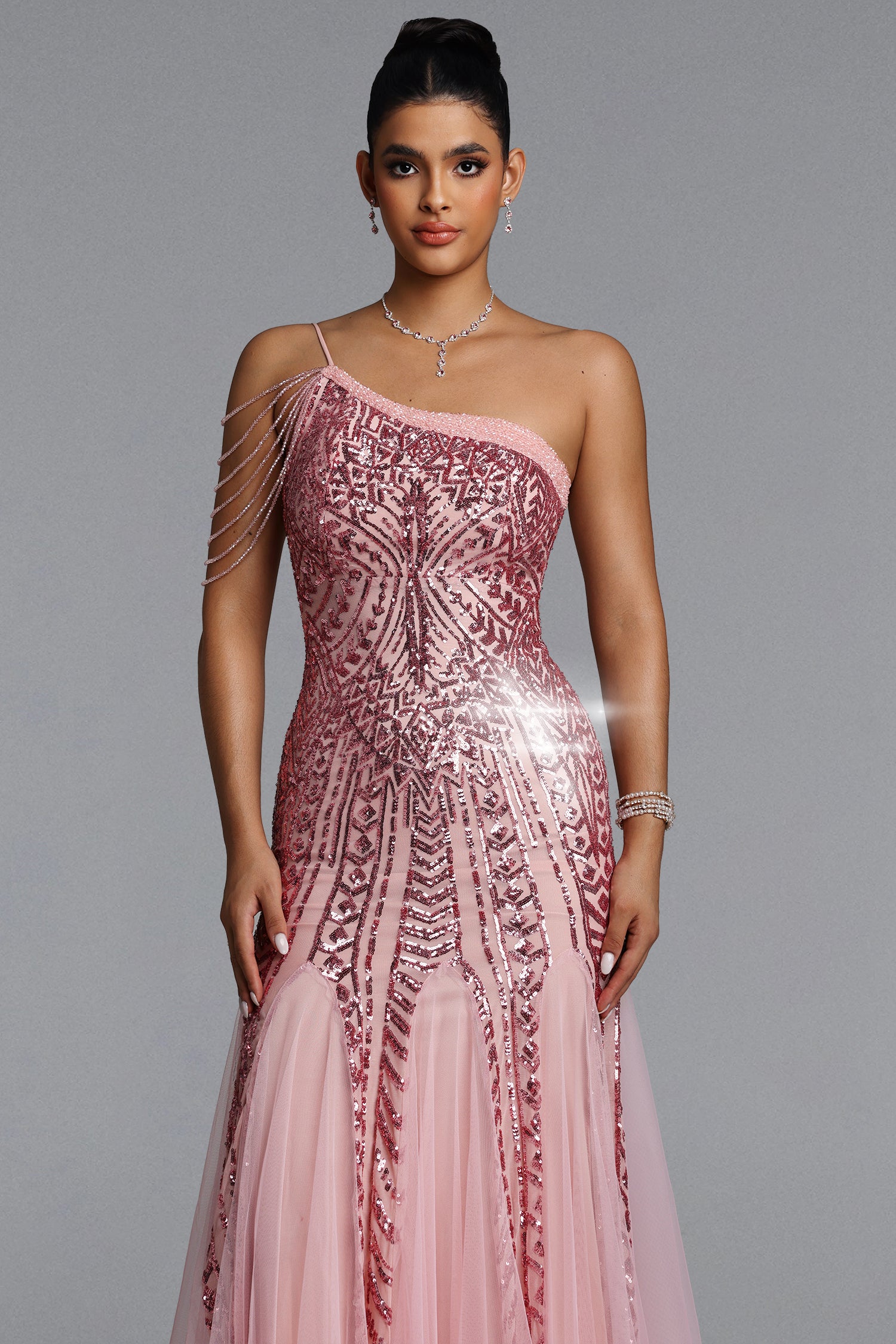 Elay One-Shoulder Sequined Fishtail Pink Maxi Dress	