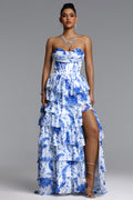 Pako Elegant Tailored Strapless Pleated Floral Print Maxi Dress	