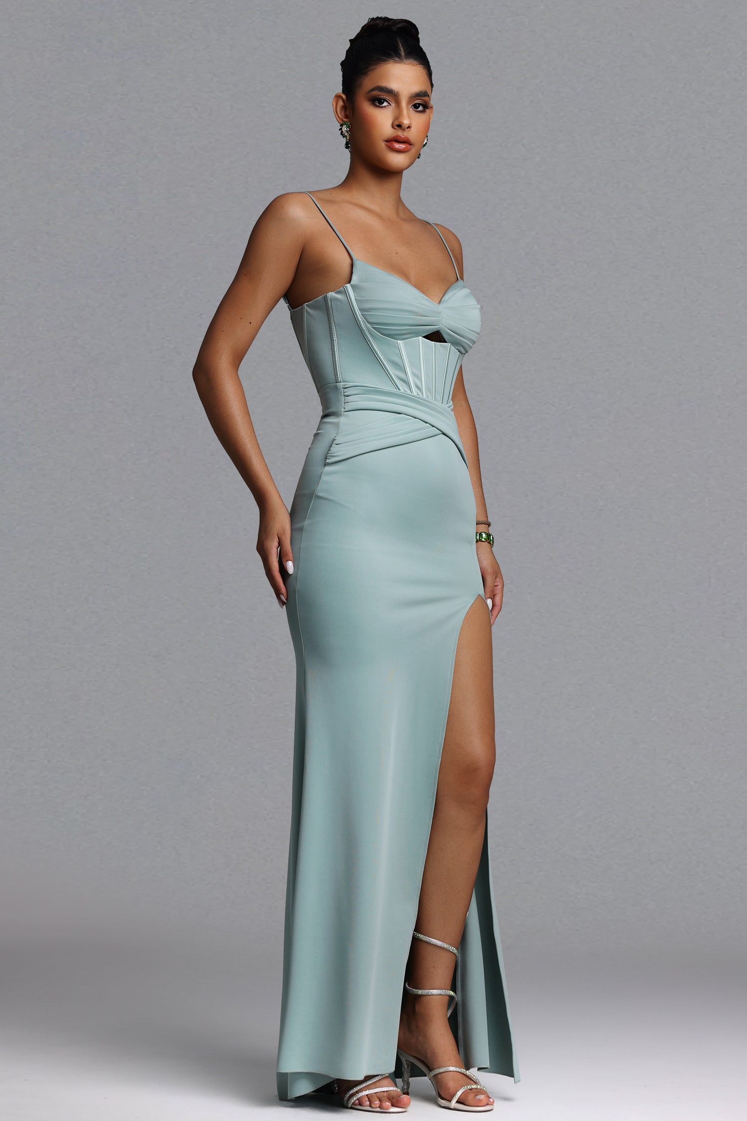 Tutti Romantic Contour Cut Out Pleated Satin Green Maxi Dress	