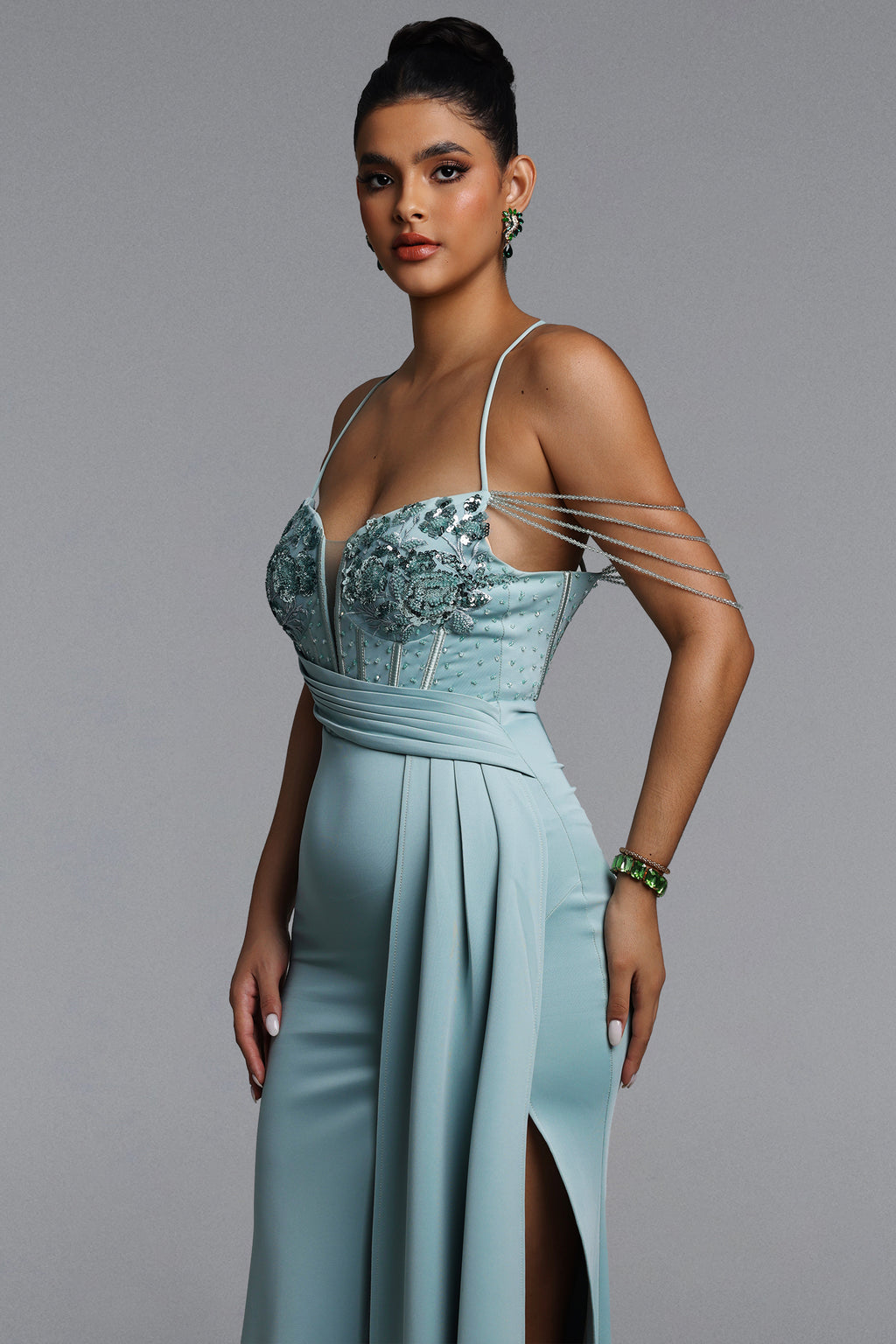 Miaka Elegant Contour Pleated Embellished Floral Satin Maxi Dress	