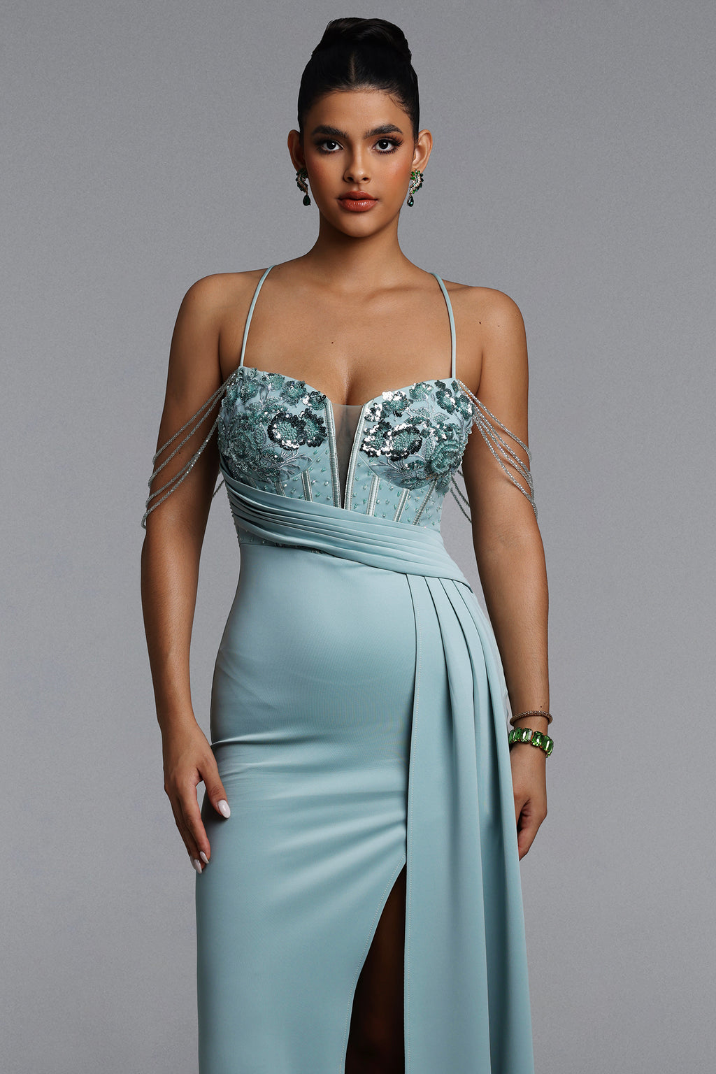 Miaka Elegant Contour Pleated Embellished Floral Satin Maxi Dress	