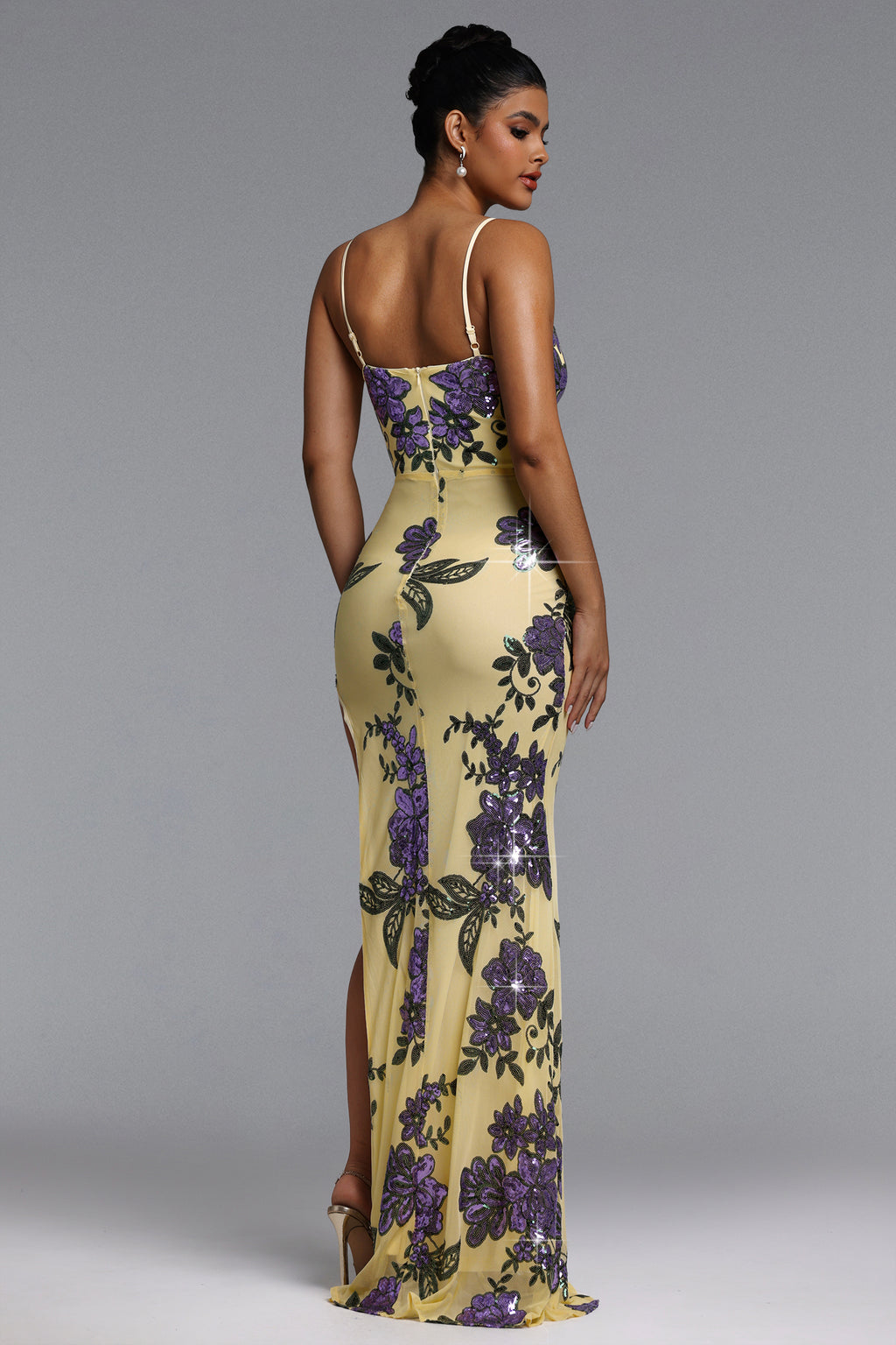 Lenny Chic Contour V Neck Floral Sequin Maxi Dress	