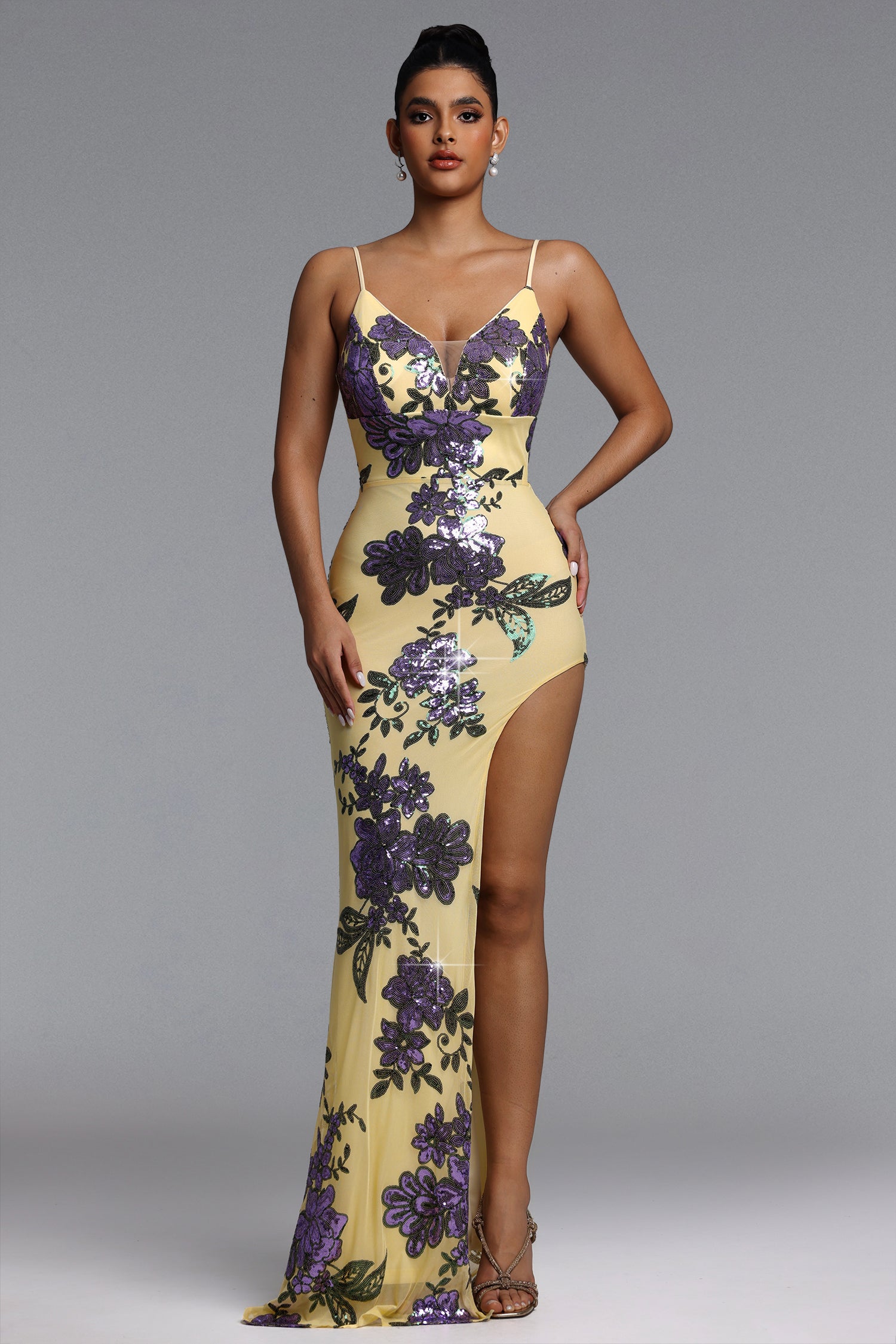 Lenny Chic Contour V Neck Floral Sequin Maxi Dress	