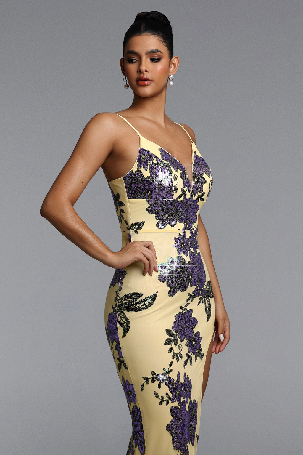 Lenny Chic Contour V Neck Floral Sequin Maxi Dress	