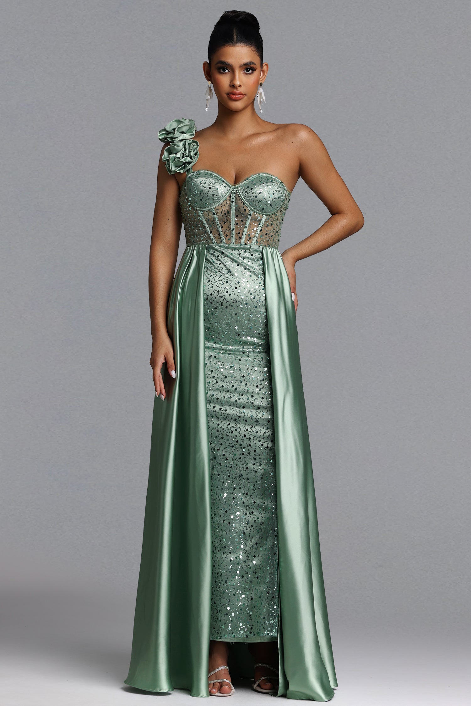 Zeren Elegant Tailored One Shoulder Sequin Maxi Dress	